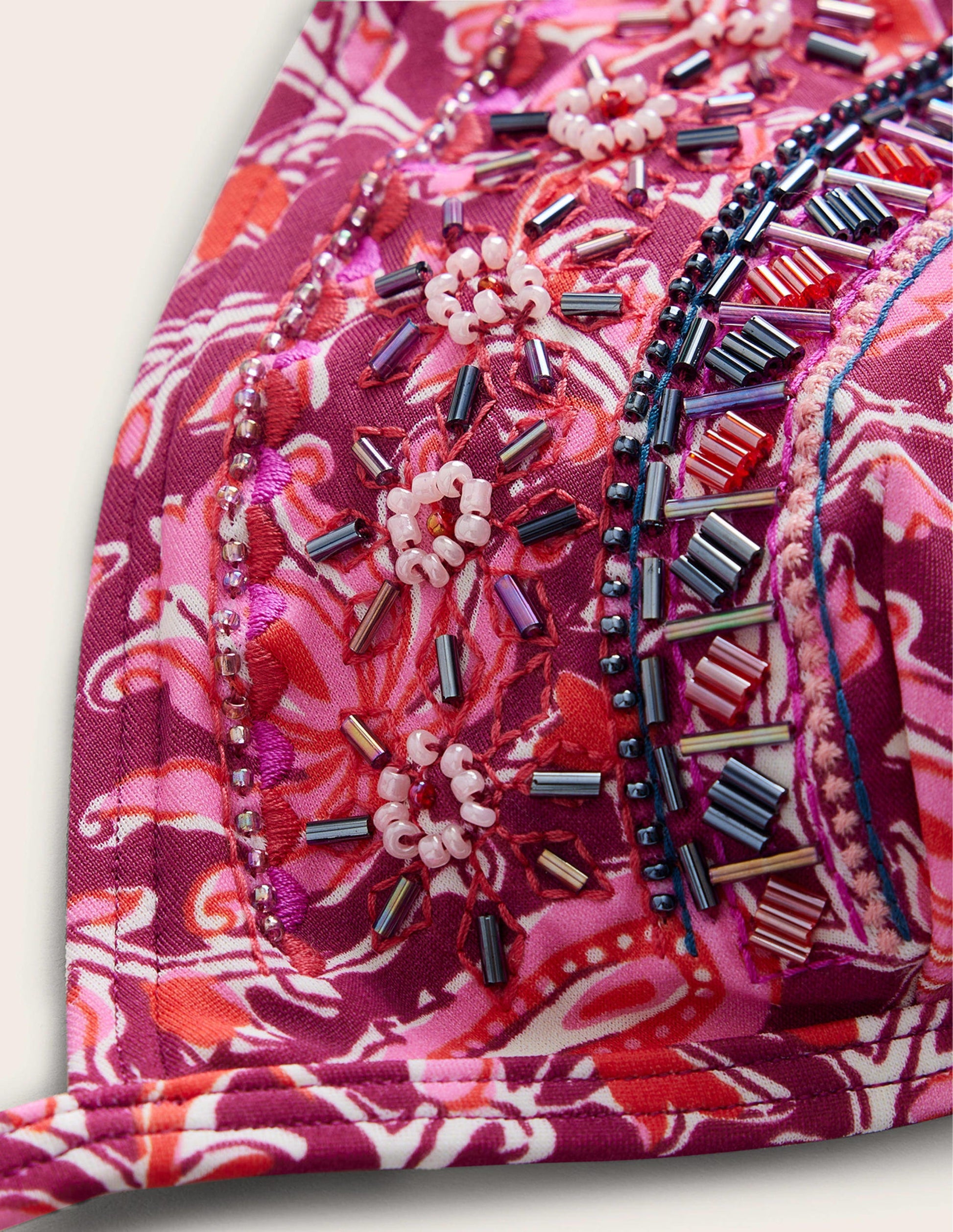 Bead Embellished Bikini Top-Raspberry Pink, Botanic Vine-8