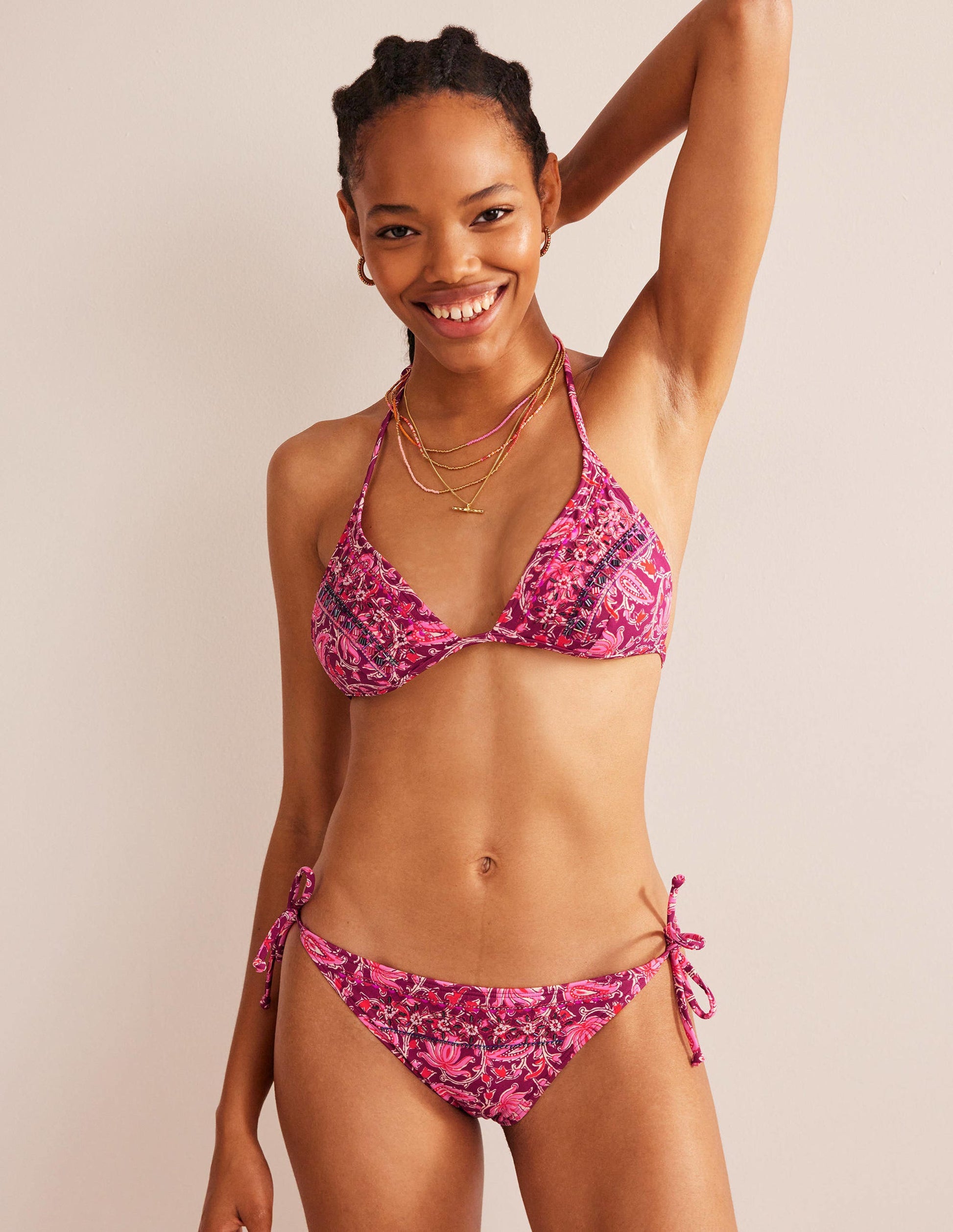 Bead Embellished Bikini Top-Raspberry Pink, Botanic Vine-4
