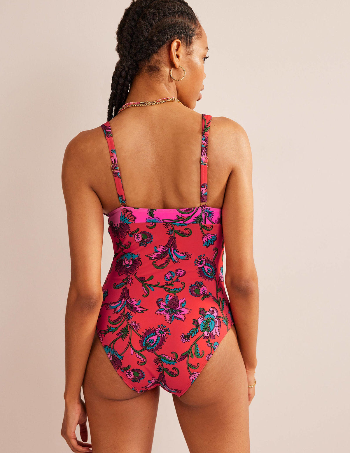 V-Neck Panelled Swimsuit-Spice Pink Floral - Image 3