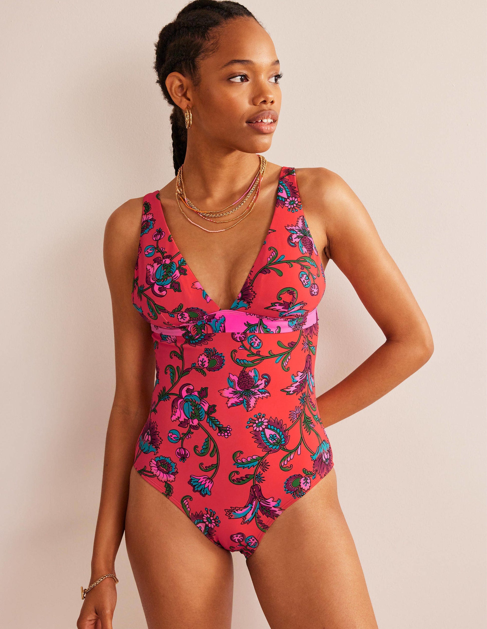 V-Neck Panelled Swimsuit-Spice Pink Floral-4