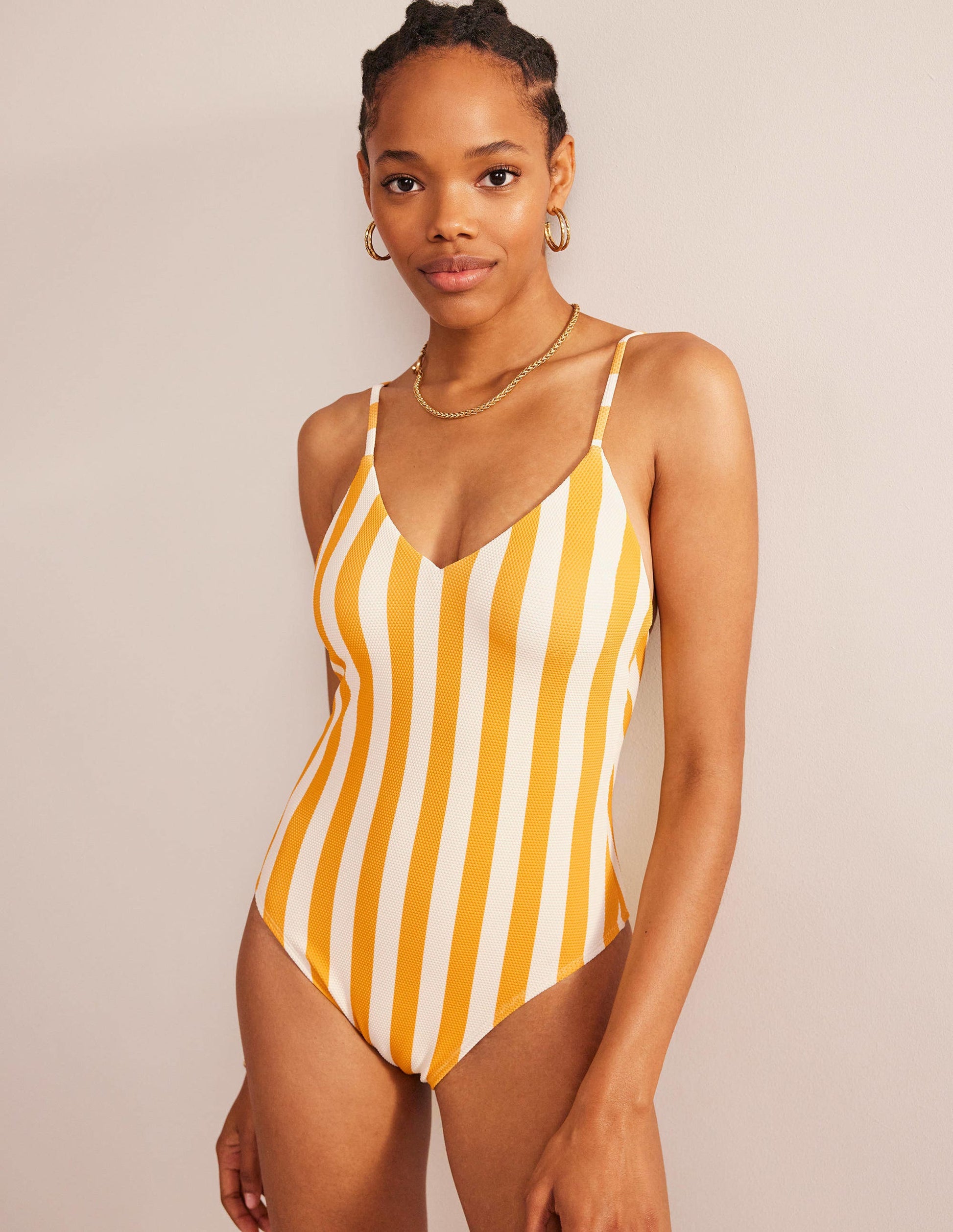 Skinny Strap Stripe Swimsuit-Ginger Yellow, Ivory Stripe-1