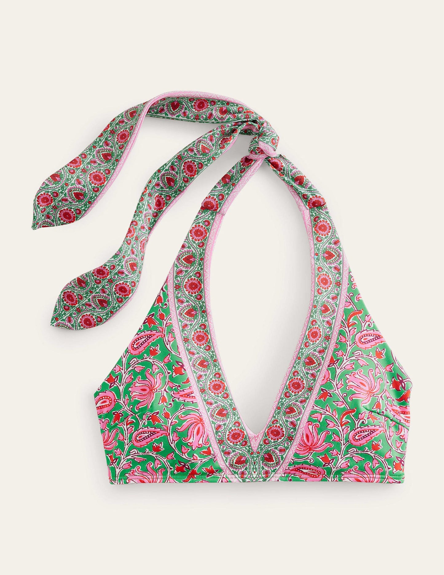 Bow Halterneck Bikini Top-Lime, Botanic Vine