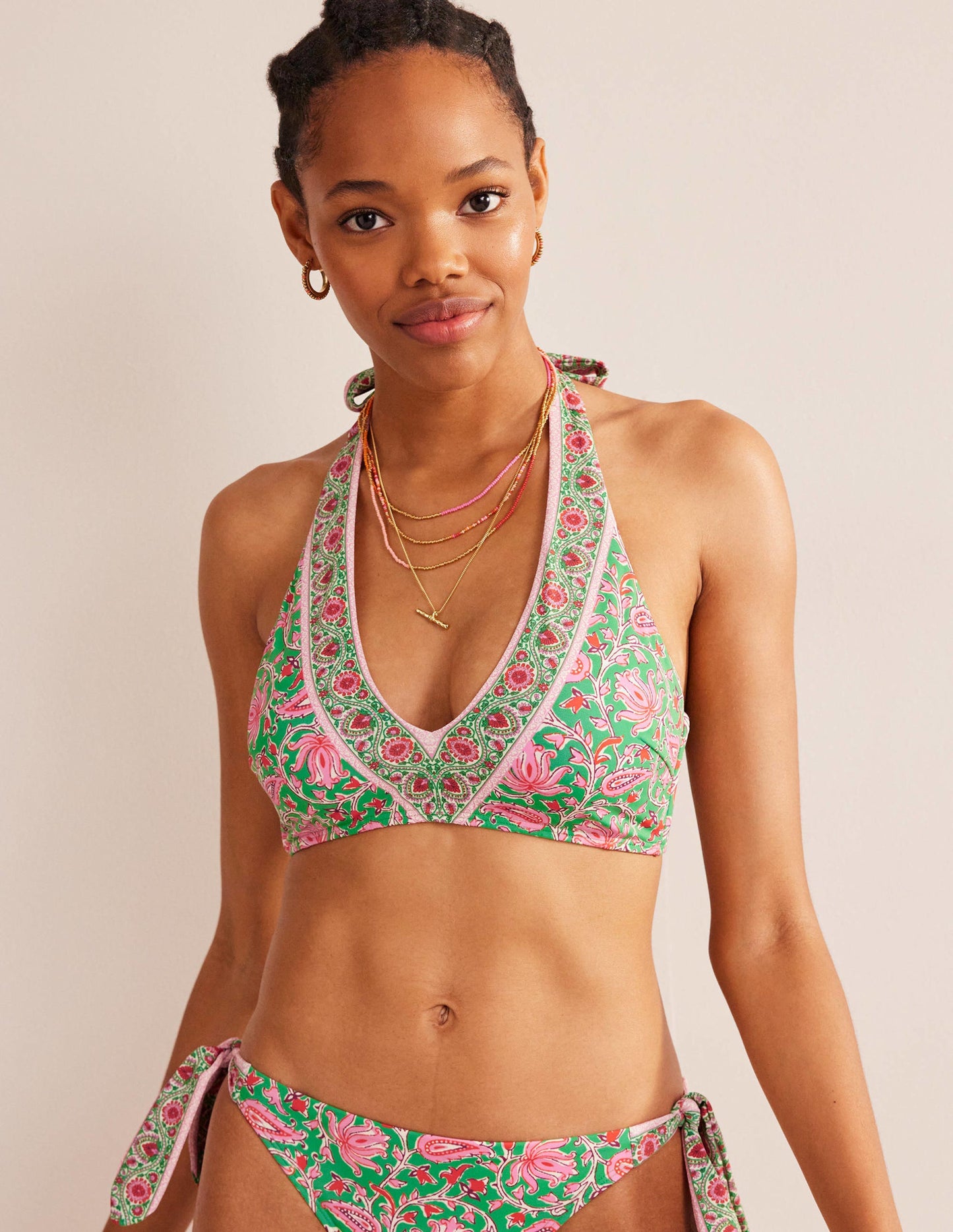 Bow Halterneck Bikini Top-Lime, Botanic Vine