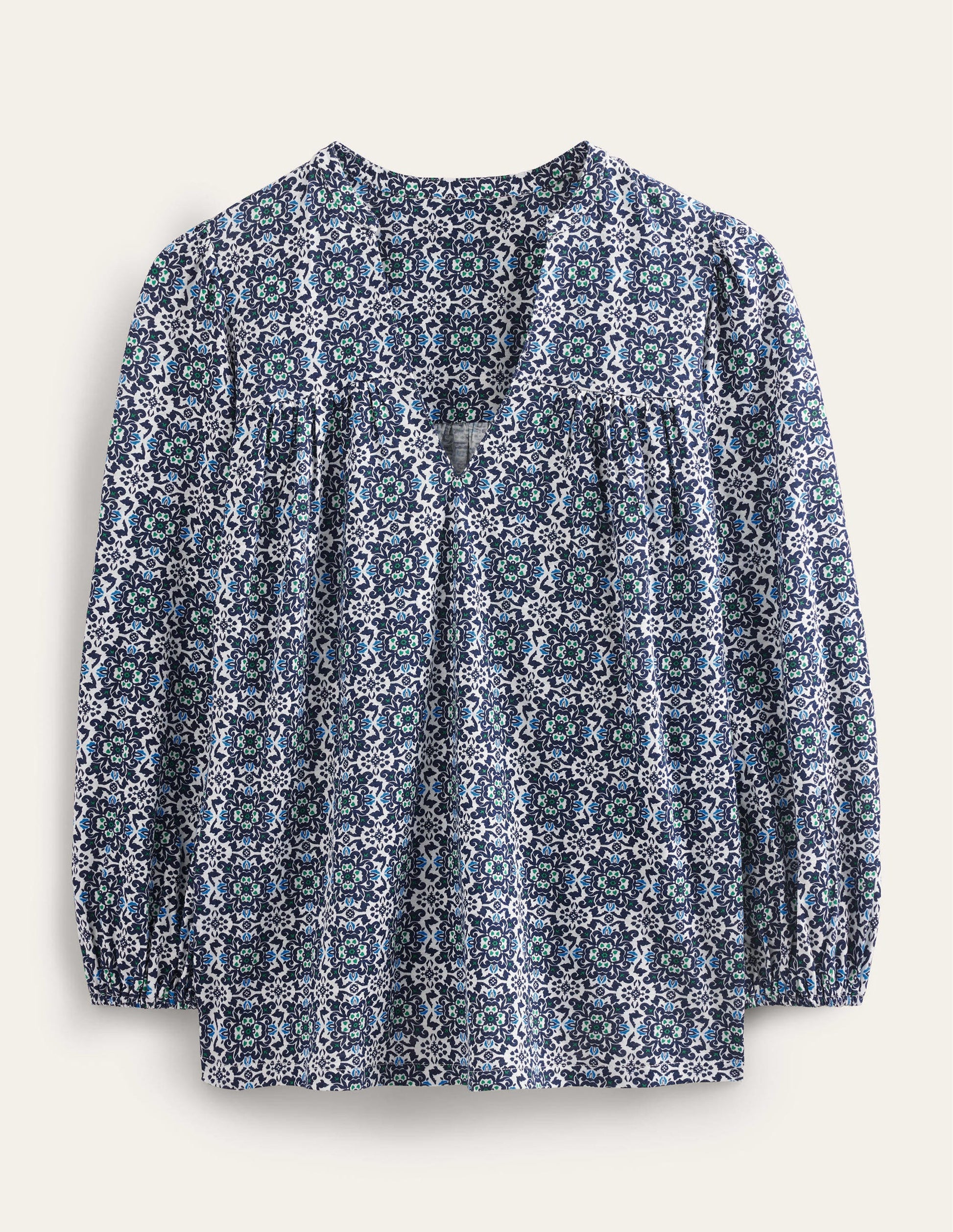 Printed Notch Neck Top-Blue Tile-5