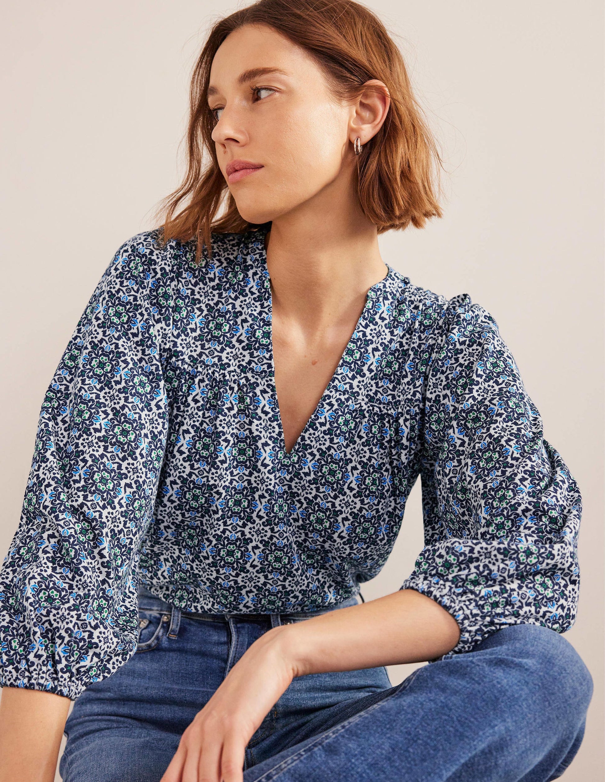 Printed Notch Neck Top-Blue Tile-1