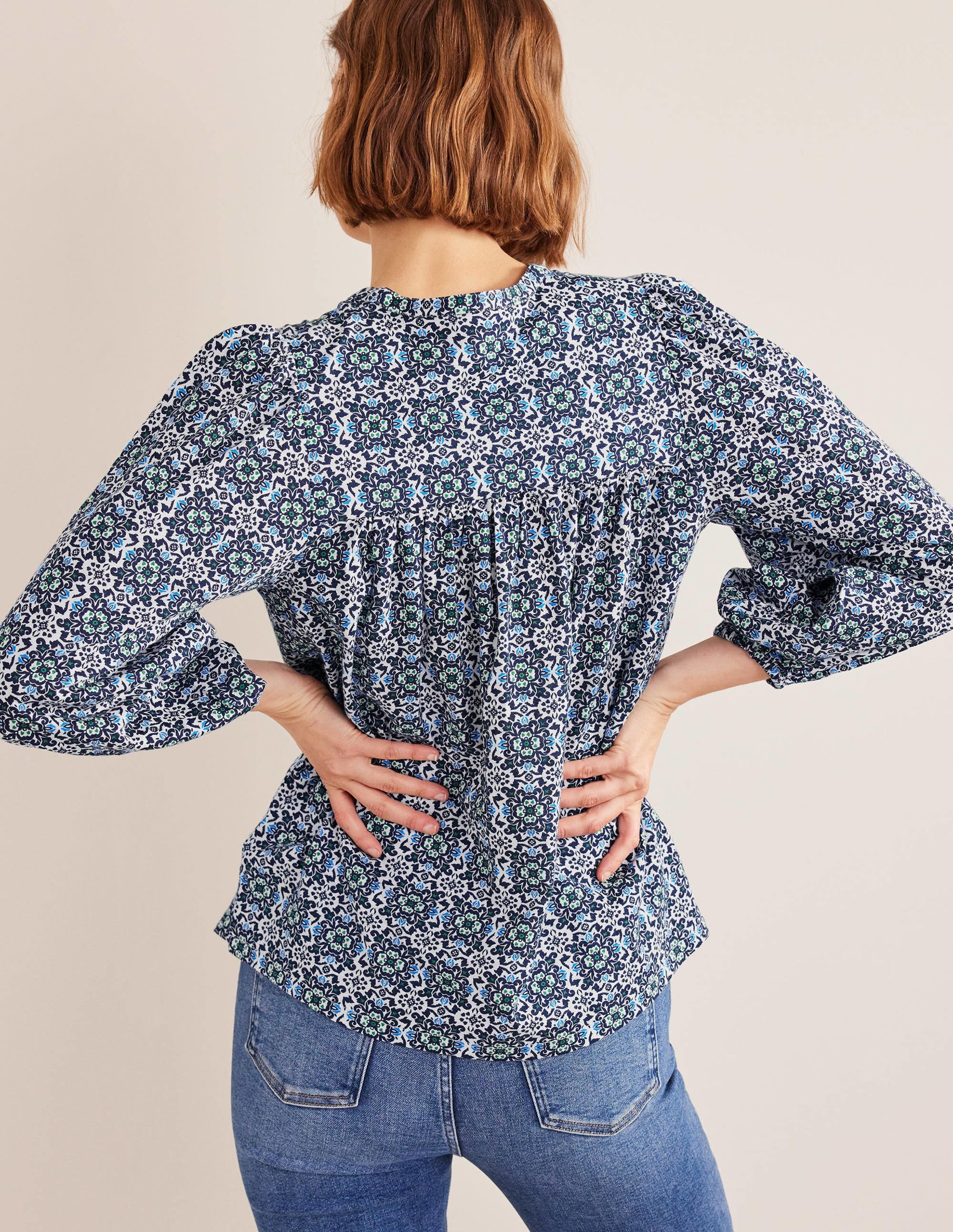 Printed Notch Neck Top-Blue Tile - Image 3