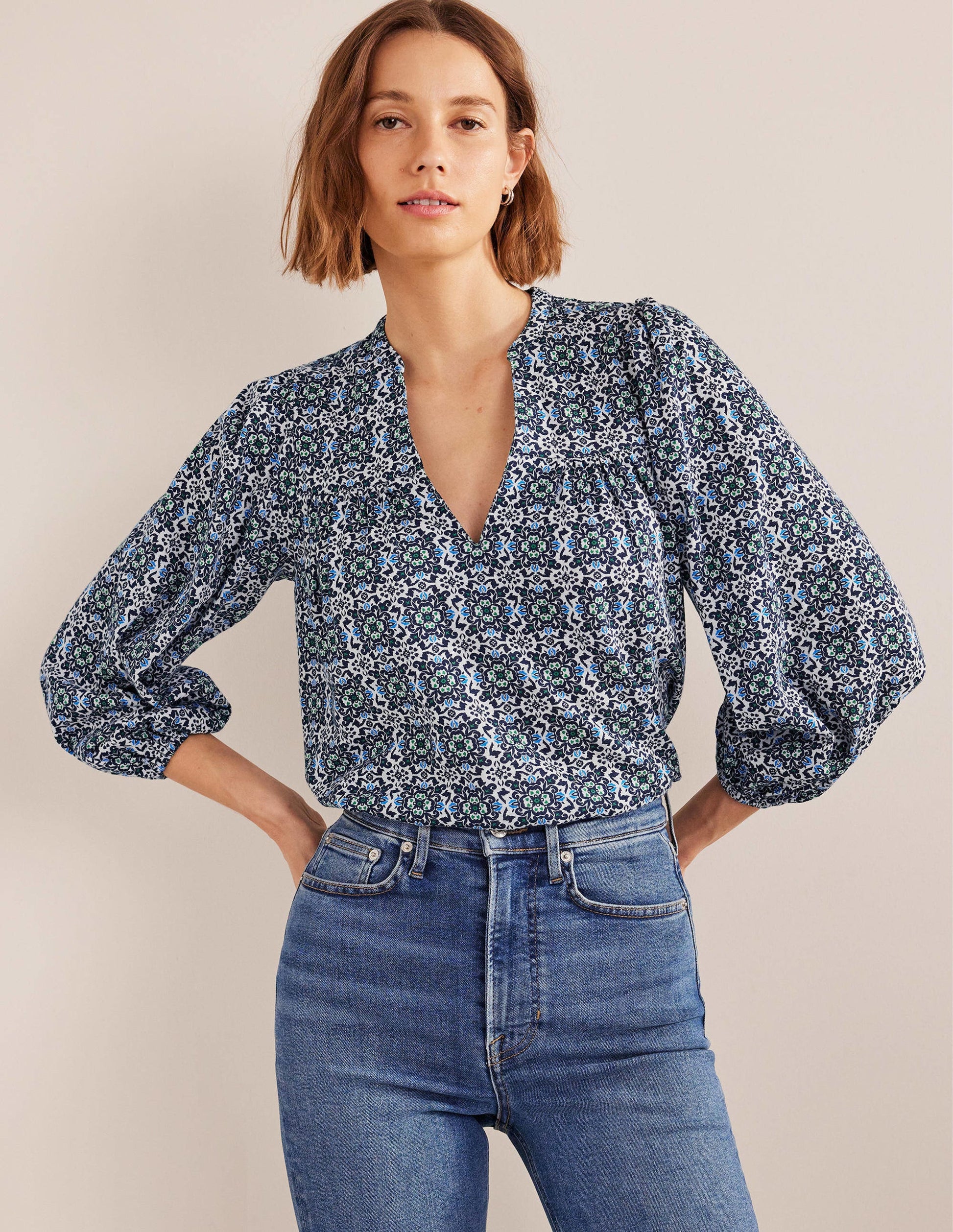 Printed Notch Neck Top-Blue Tile-4