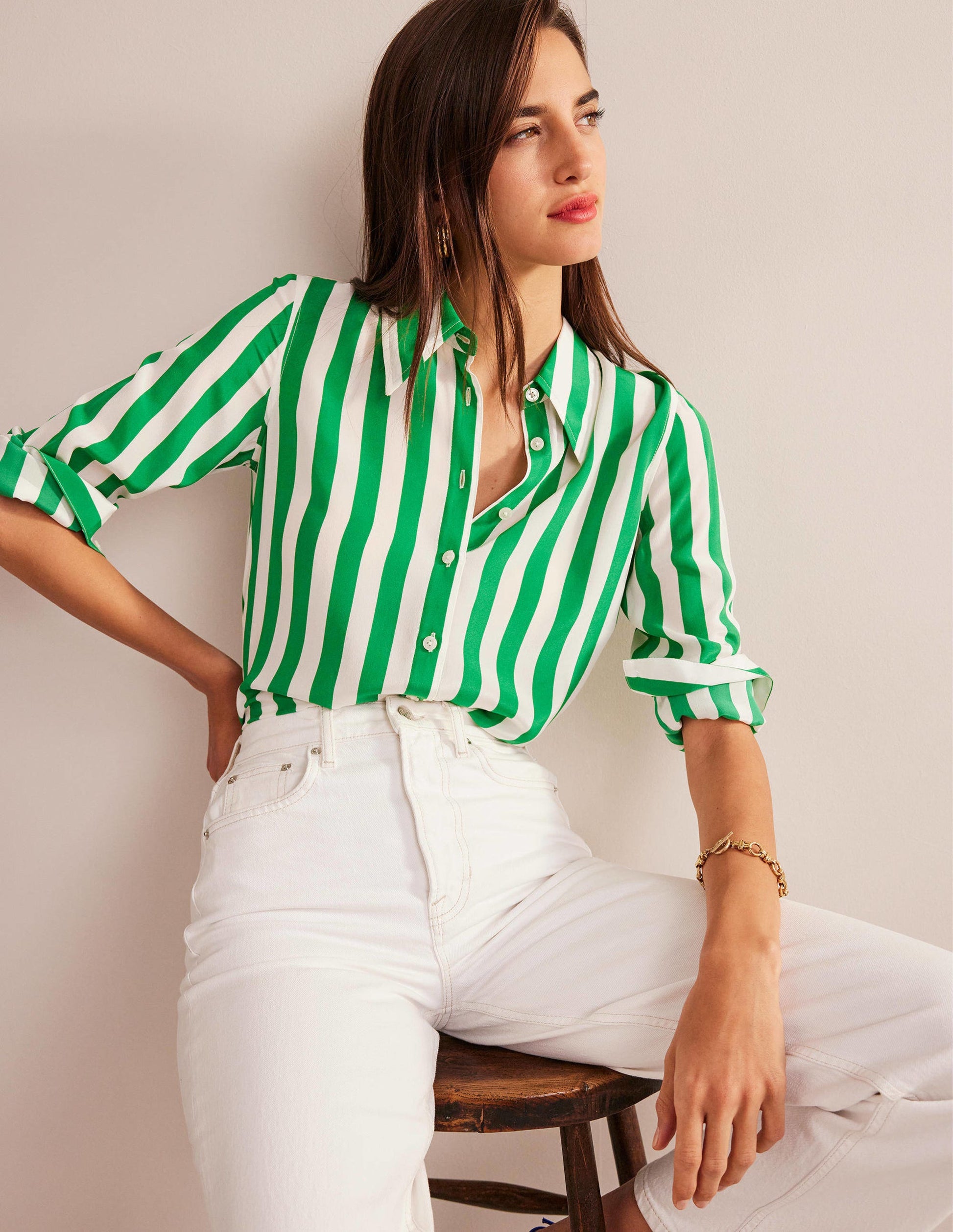 Silk Shirt-Rich Emerald and Ivory Stripe-1
