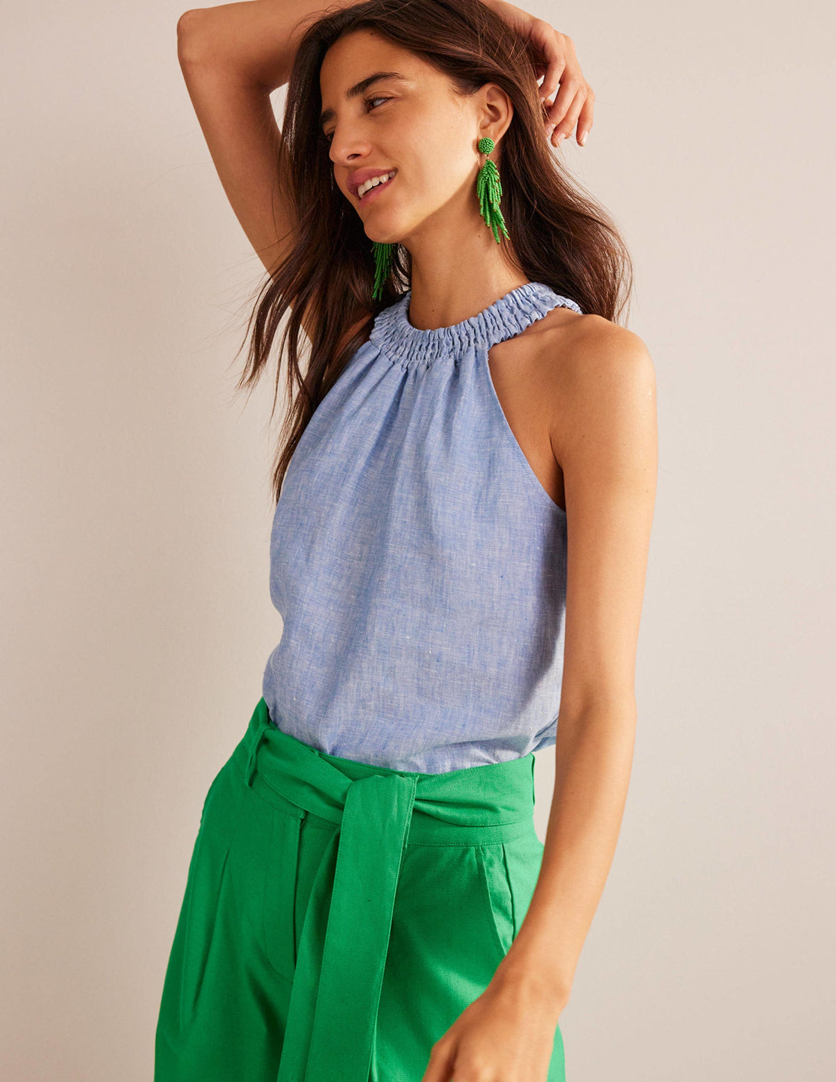 Linen Smocked Halter Top-Chambray-1