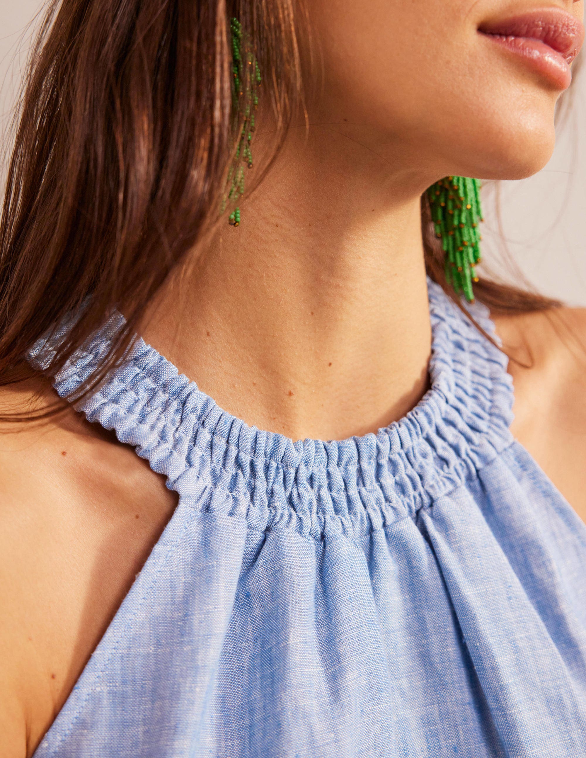 Linen Smocked Halter Top-Chambray - Image 2