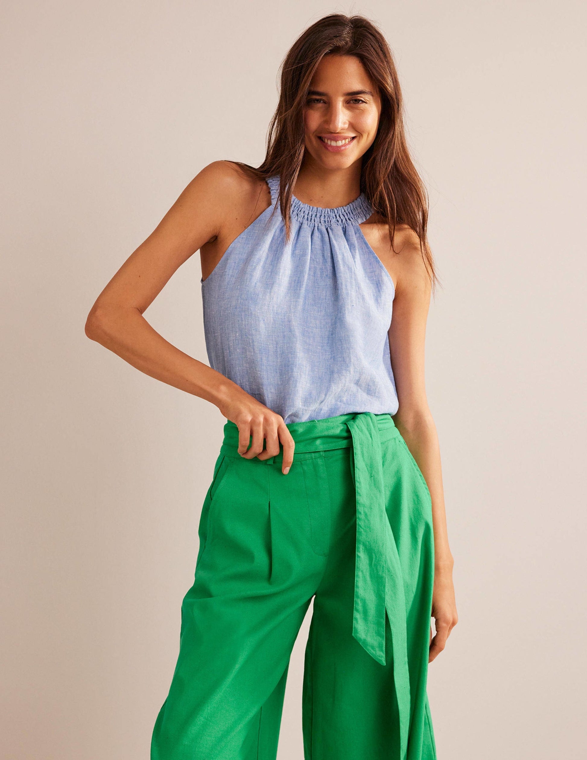 Linen Smocked Halter Top-Chambray-4