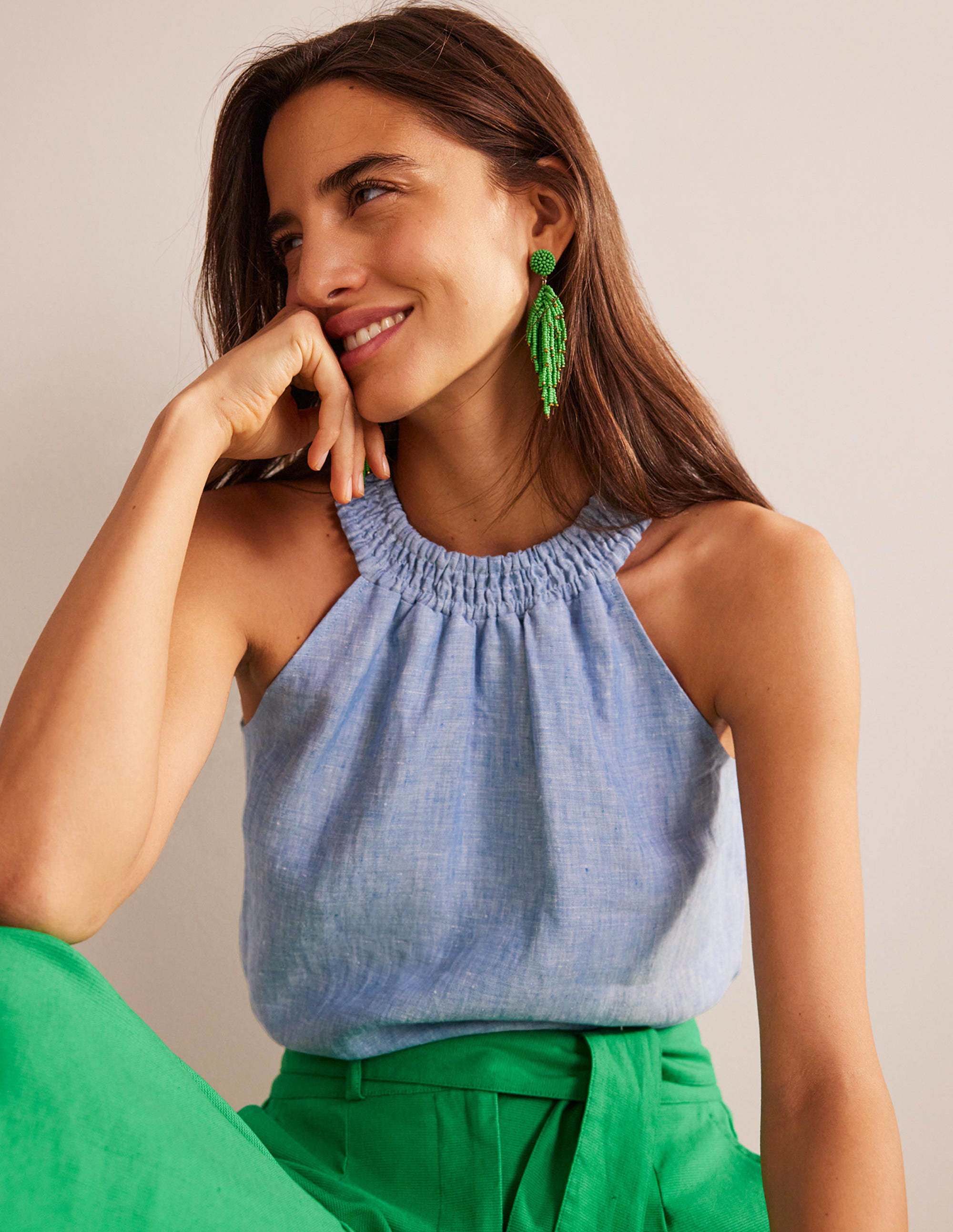 Linen Smocked Halter Top-Chambray - Image 5