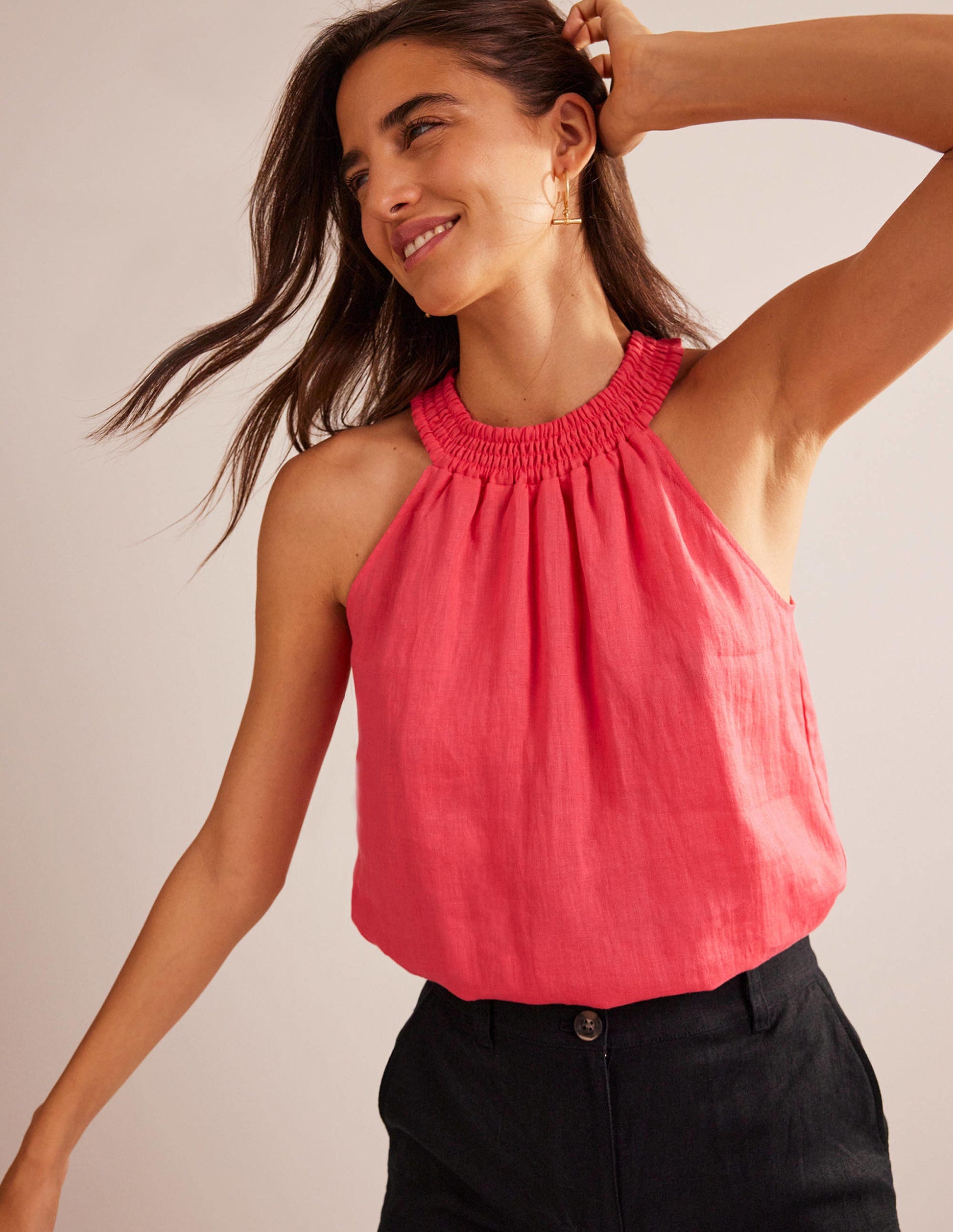 Linen Smocked Halter Top-Coral Sunset-1