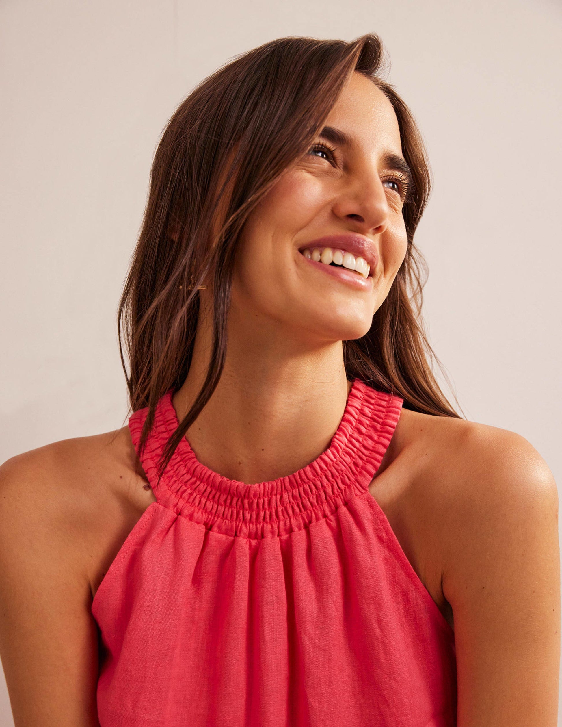 Linen Smocked Halter Top-Coral Sunset-2