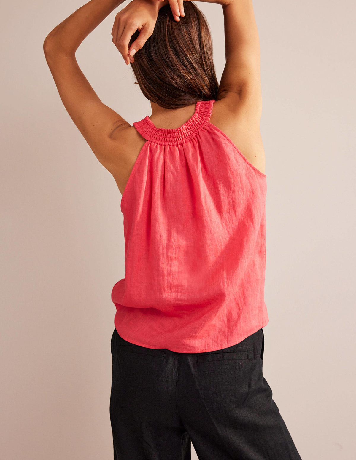 Linen Smocked Halter Top-Coral Sunset-3