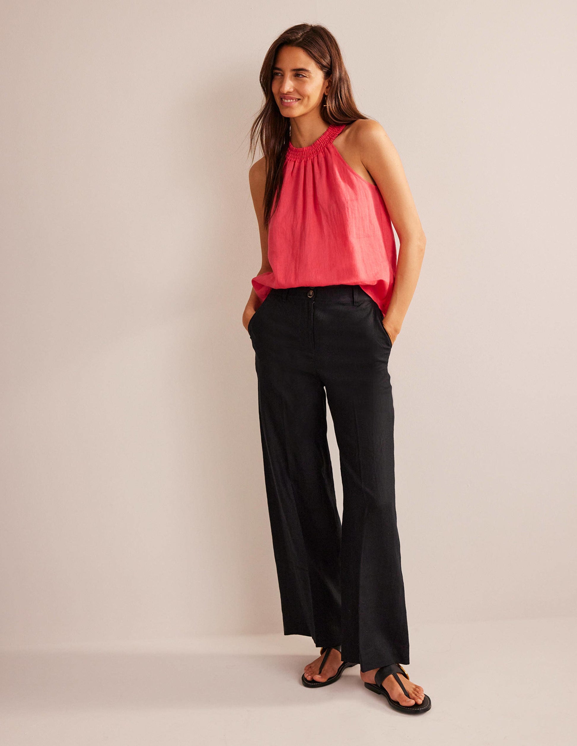 Linen Smocked Halter Top-Coral Sunset-4