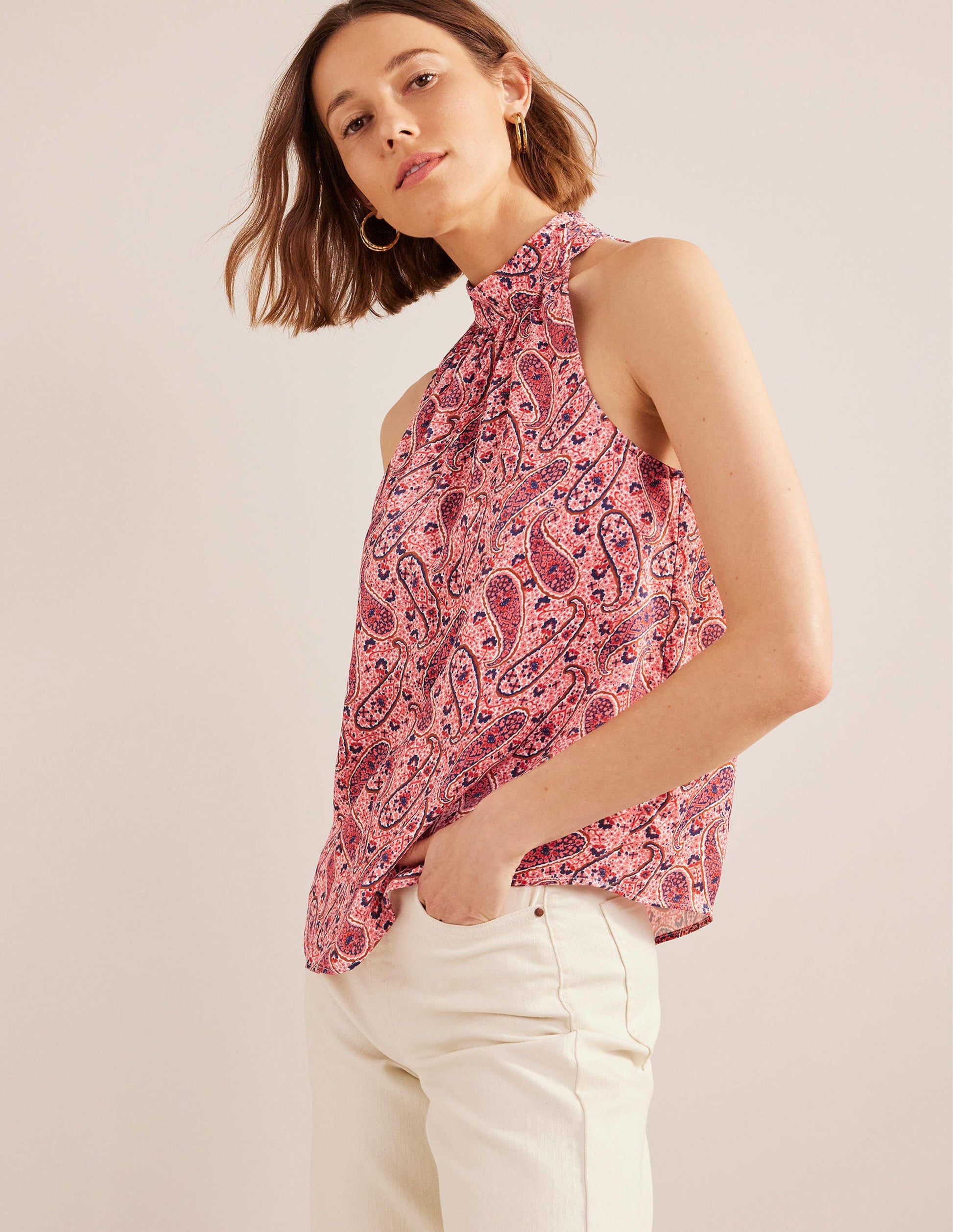 Satin Cutaway Top-Pink Sherbet, Paisley Bloom-4