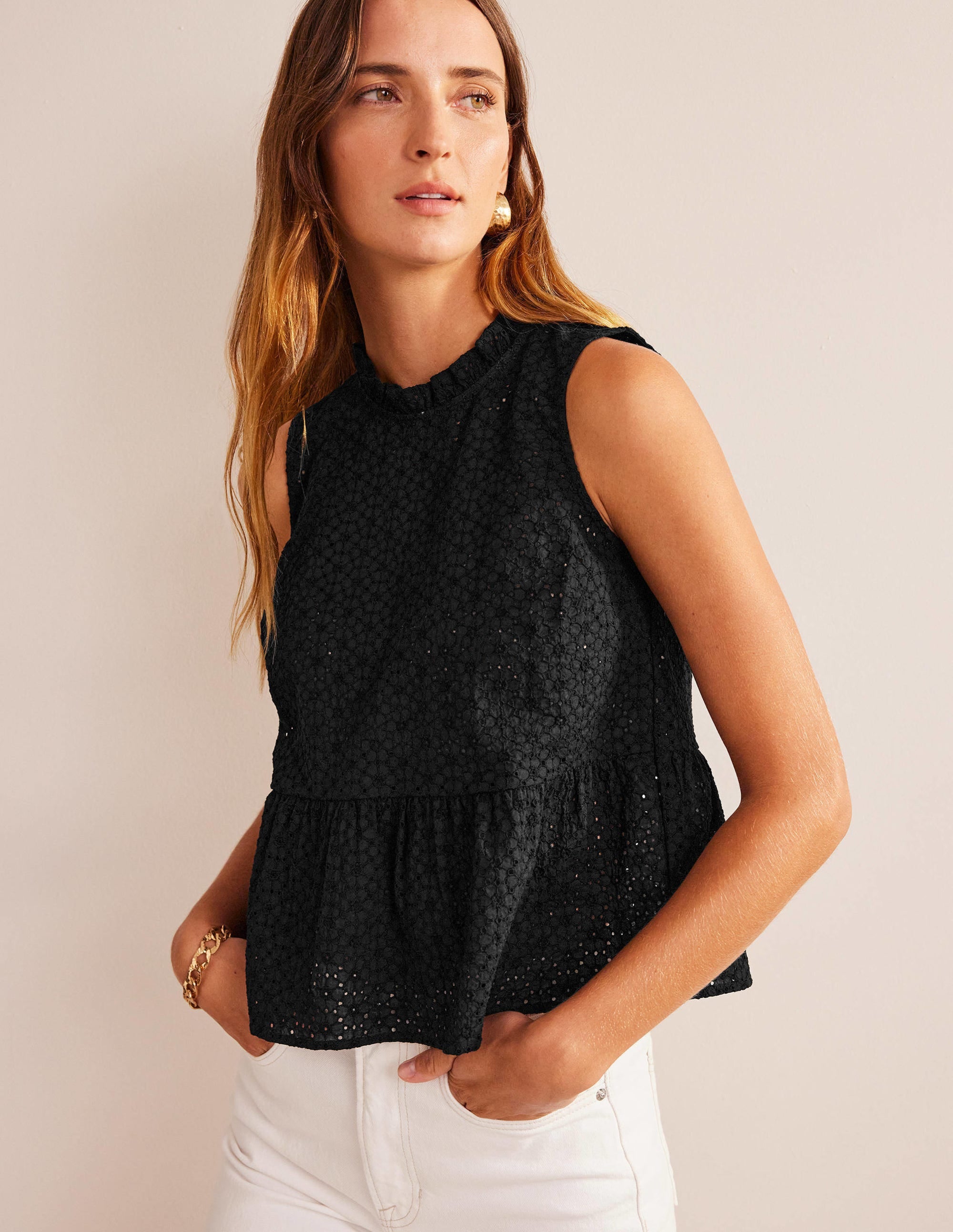 Broderie Peplum Top-Black - Image 1
