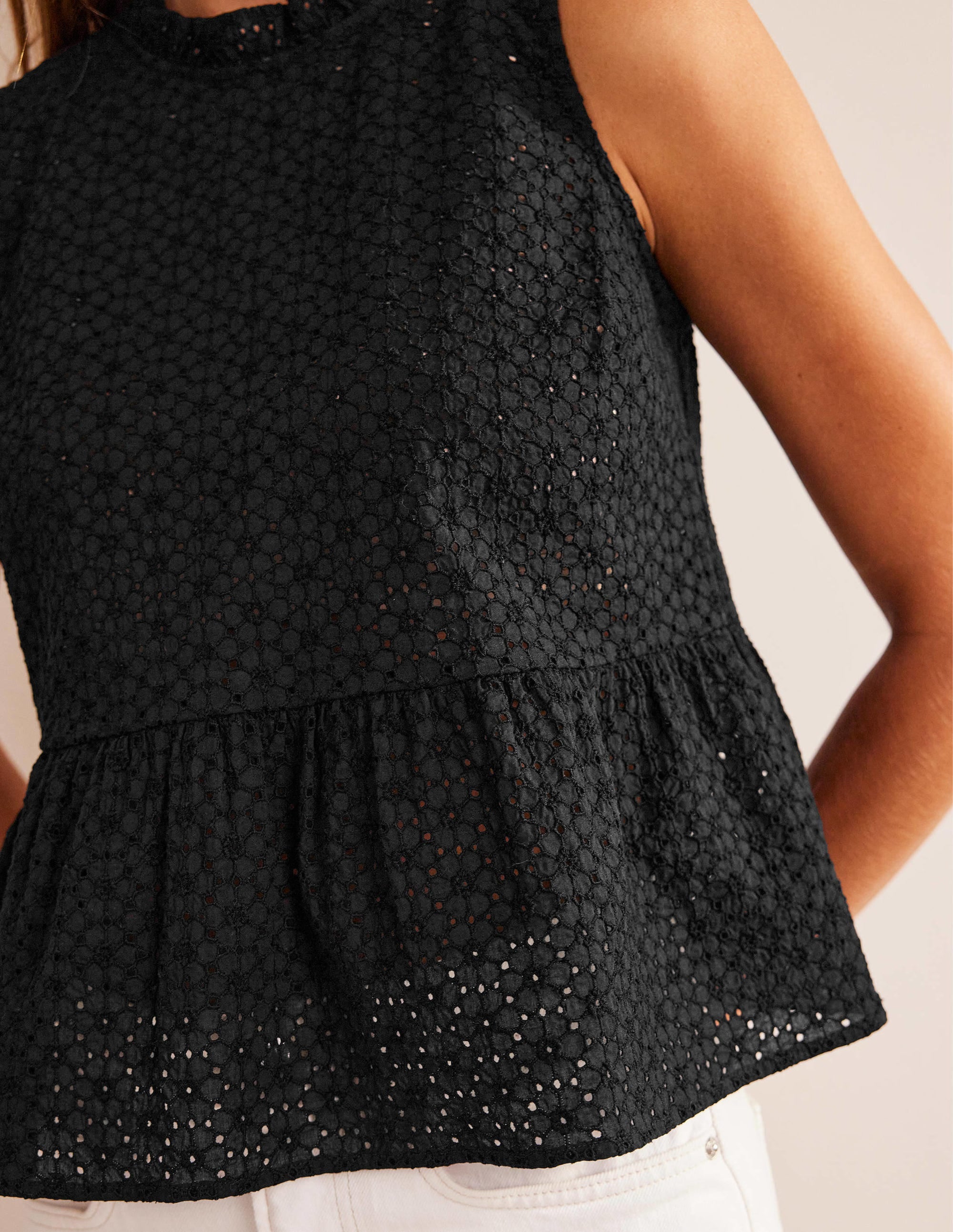Broderie Peplum Top-Black - Image 2