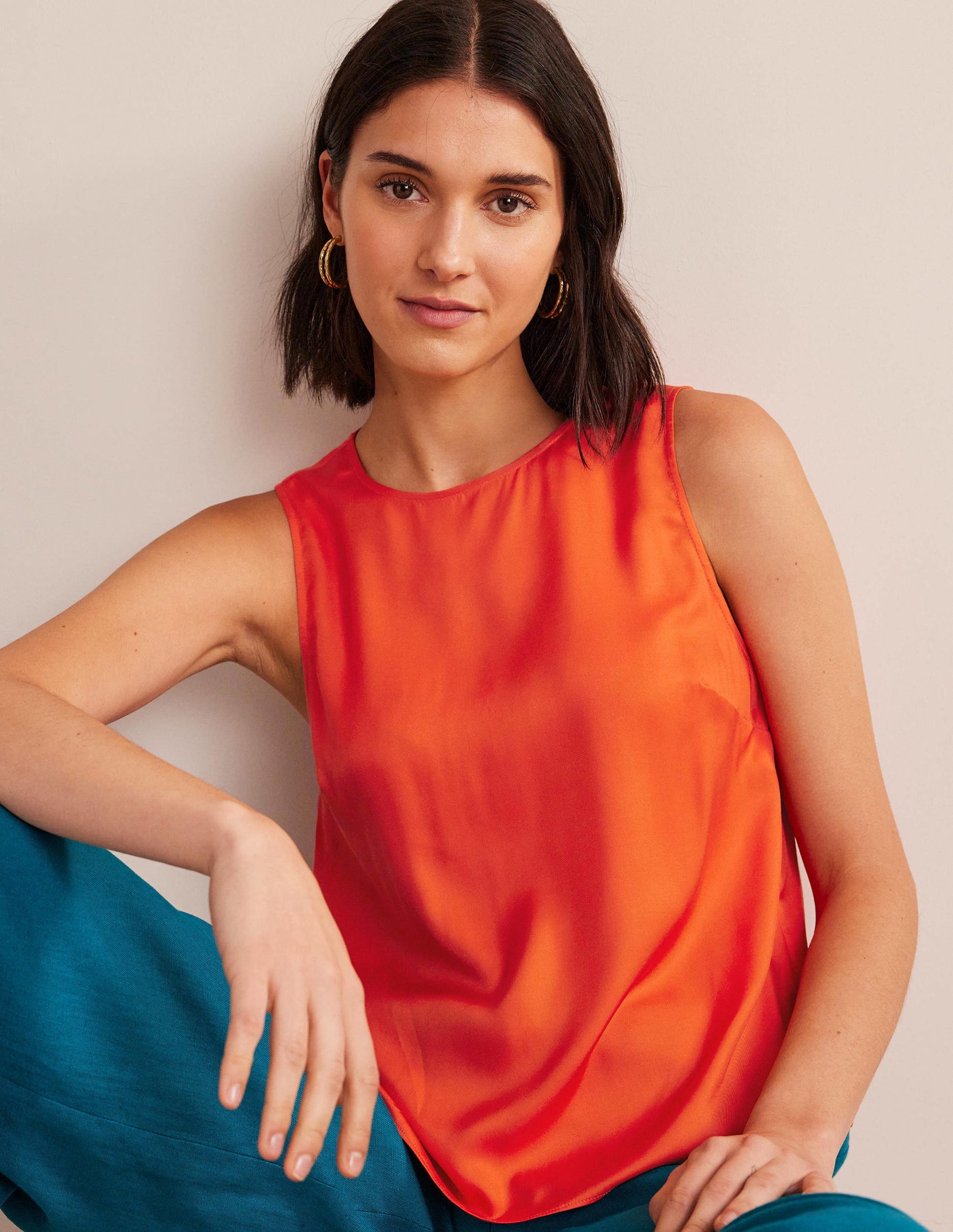 Silk Blend Shell Top-Vermillion Red-1