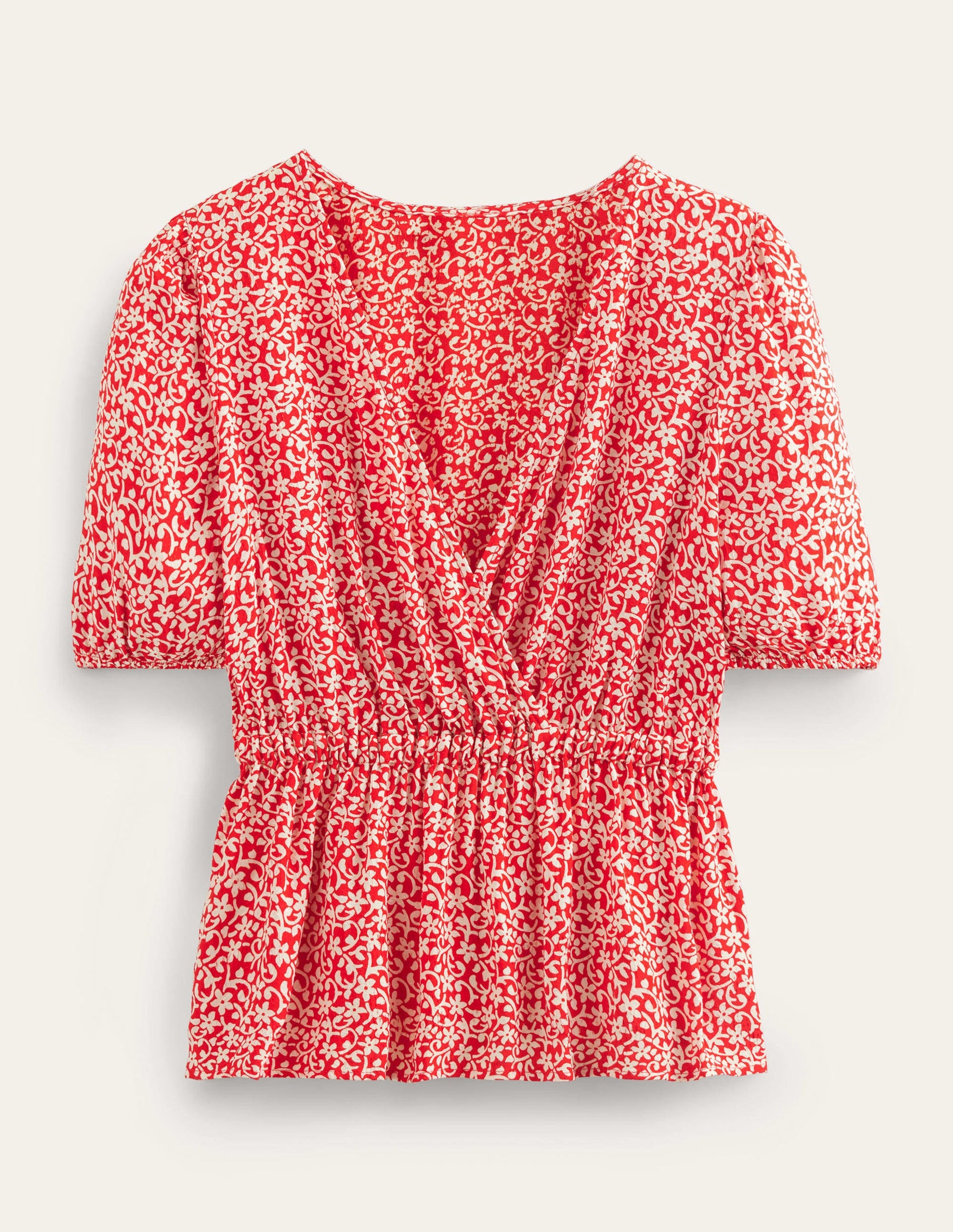 Wrap Elasticated Waist Top-Vermillion, Flower Stem-4