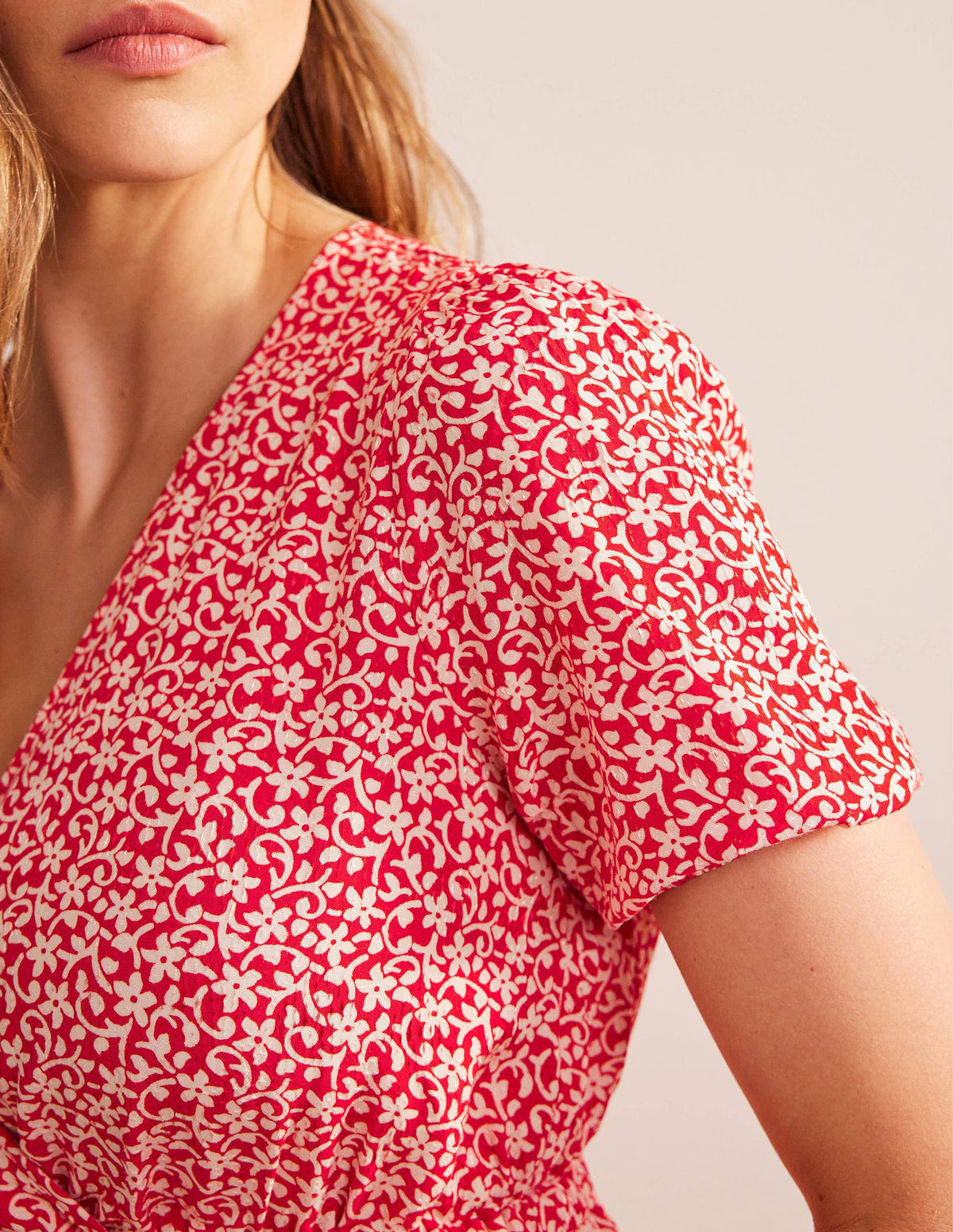 Wrap Elasticated Waist Top-Vermillion, Flower Stem - Image 2