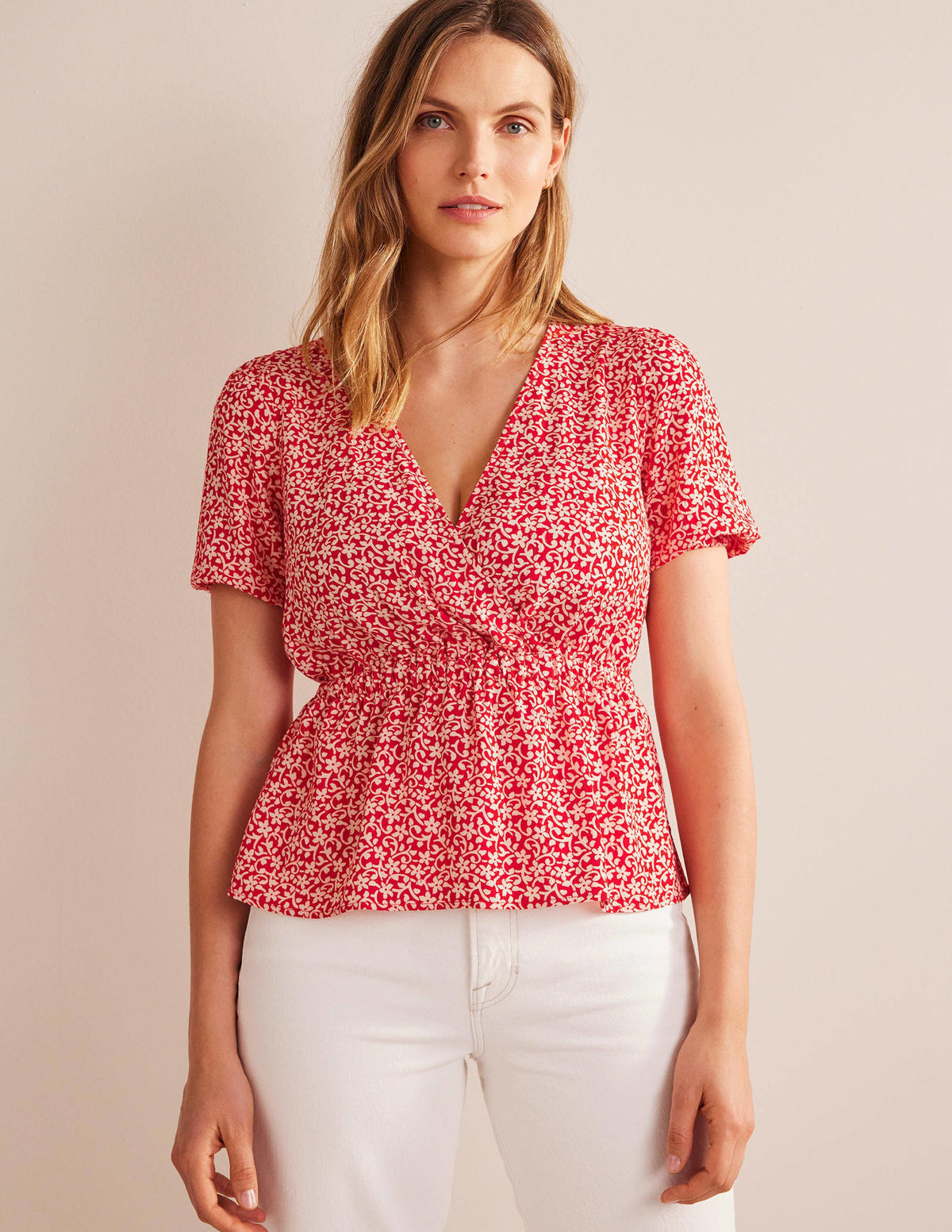 Wrap Elasticated Waist Top-Vermillion, Flower Stem-3