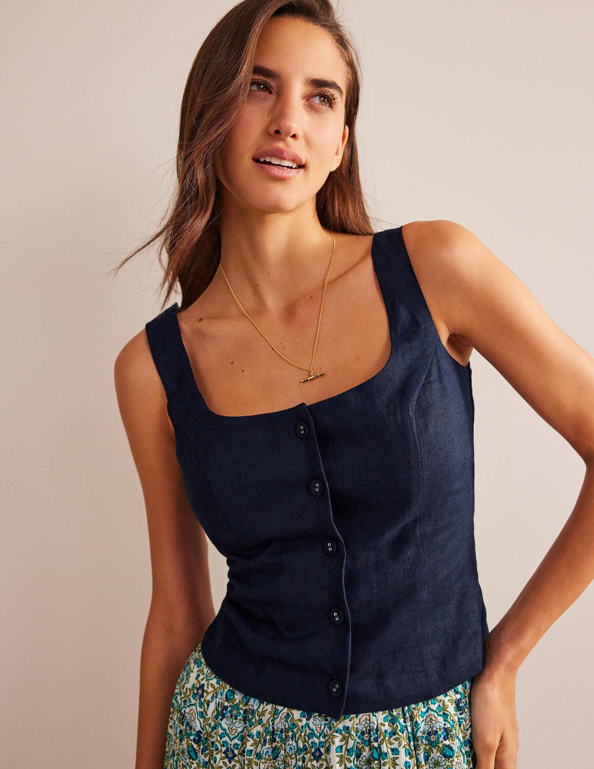 Square Neck Linen Top-Navy-1