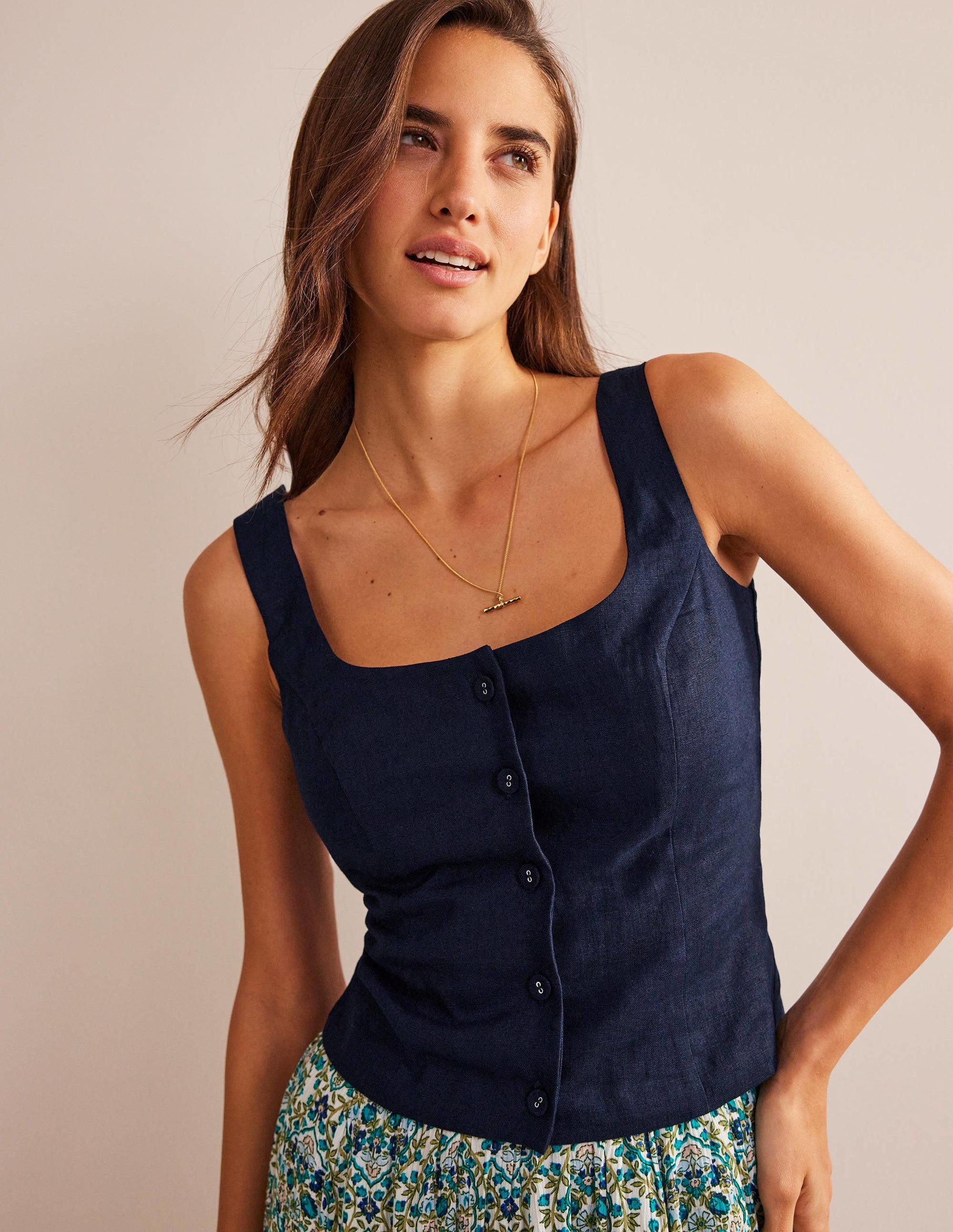 Square Neck Linen Top-Navy - Image 1