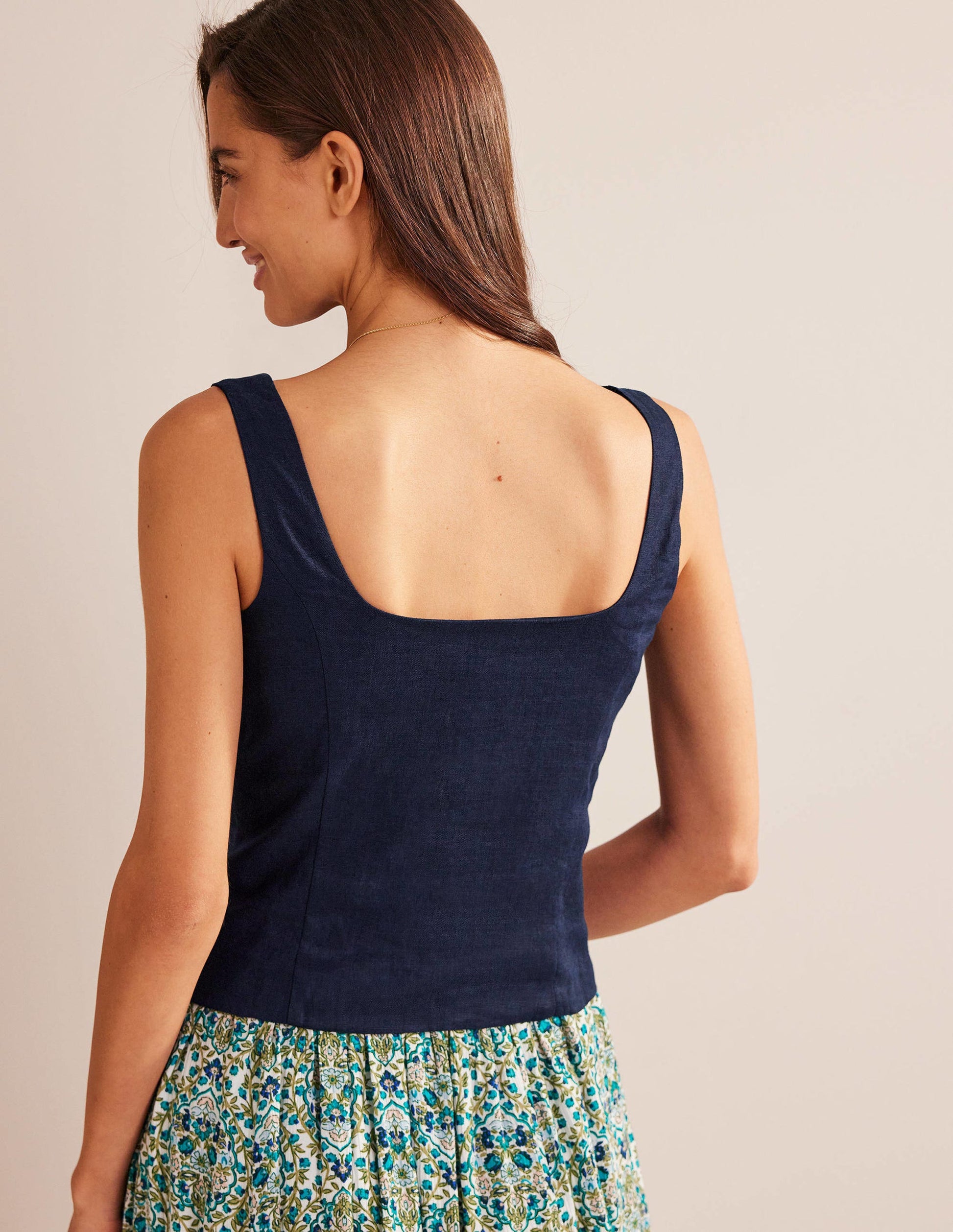 Square Neck Linen Top-Navy-3
