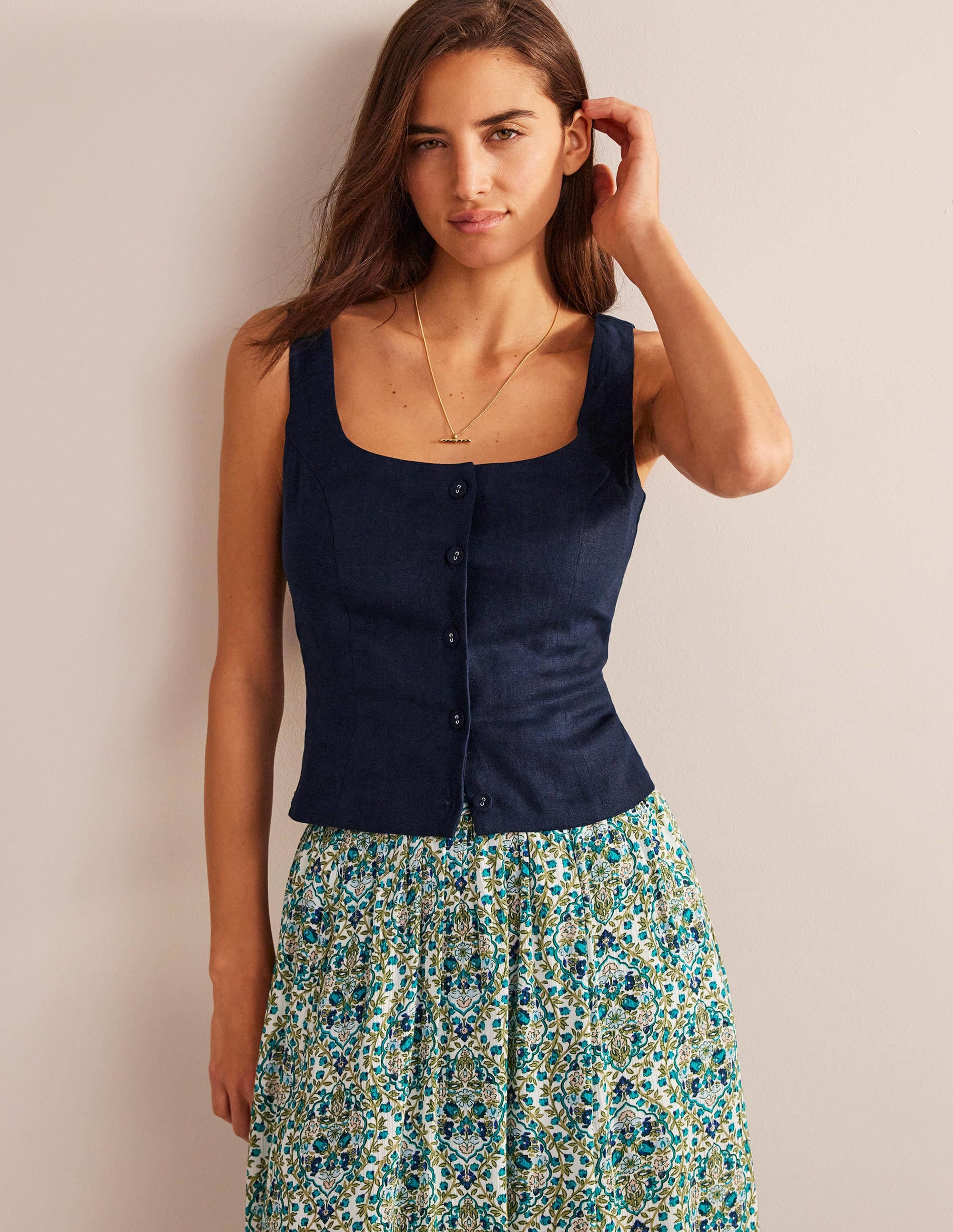 Square Neck Linen Top-Navy - Image 4