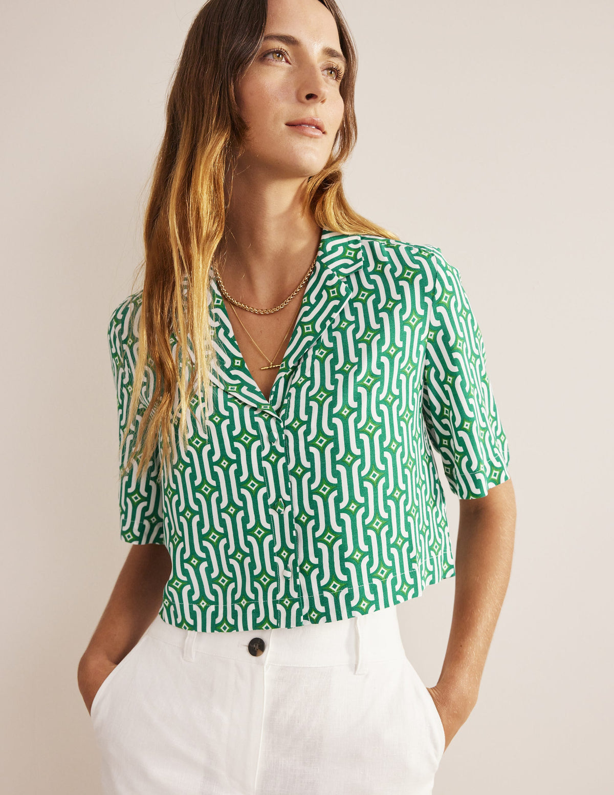 Cropped Revere Shirt-Green, Azure Geo-1
