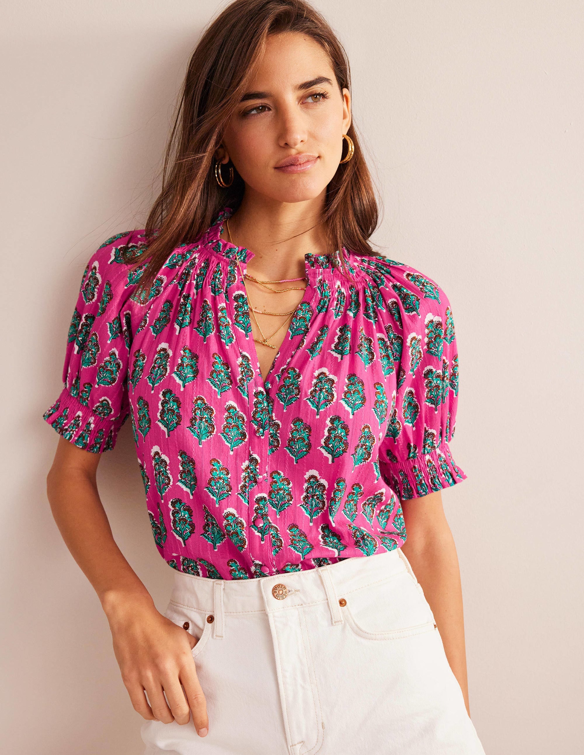 Smocking Detail Pretty Top-Festival Pink, Artisan Bloom - Image 1