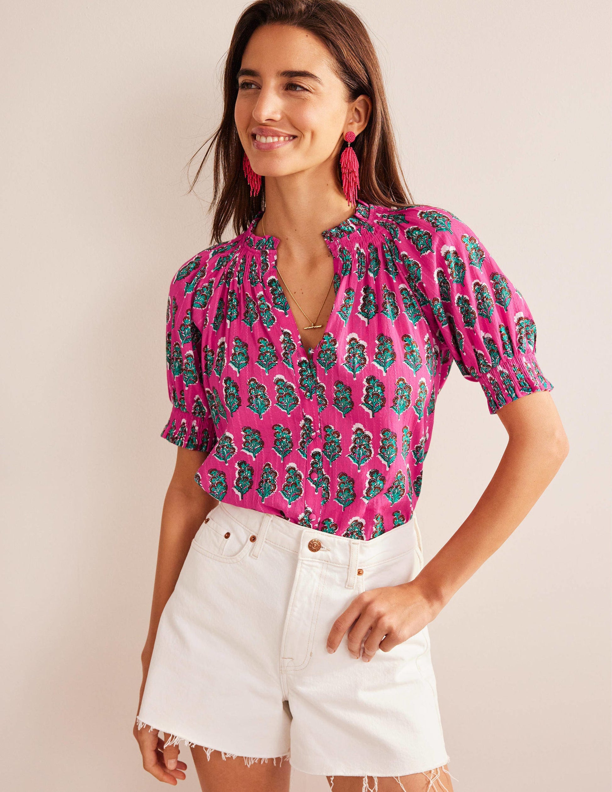 Smocking Detail Pretty Top-Festival Pink, Artisan Bloom-4