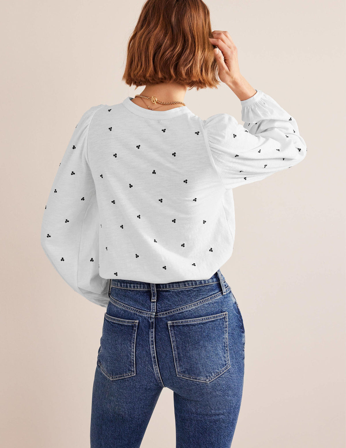 Long Sleeve Embroidered Top-White, Blue Embroidery - Image 3