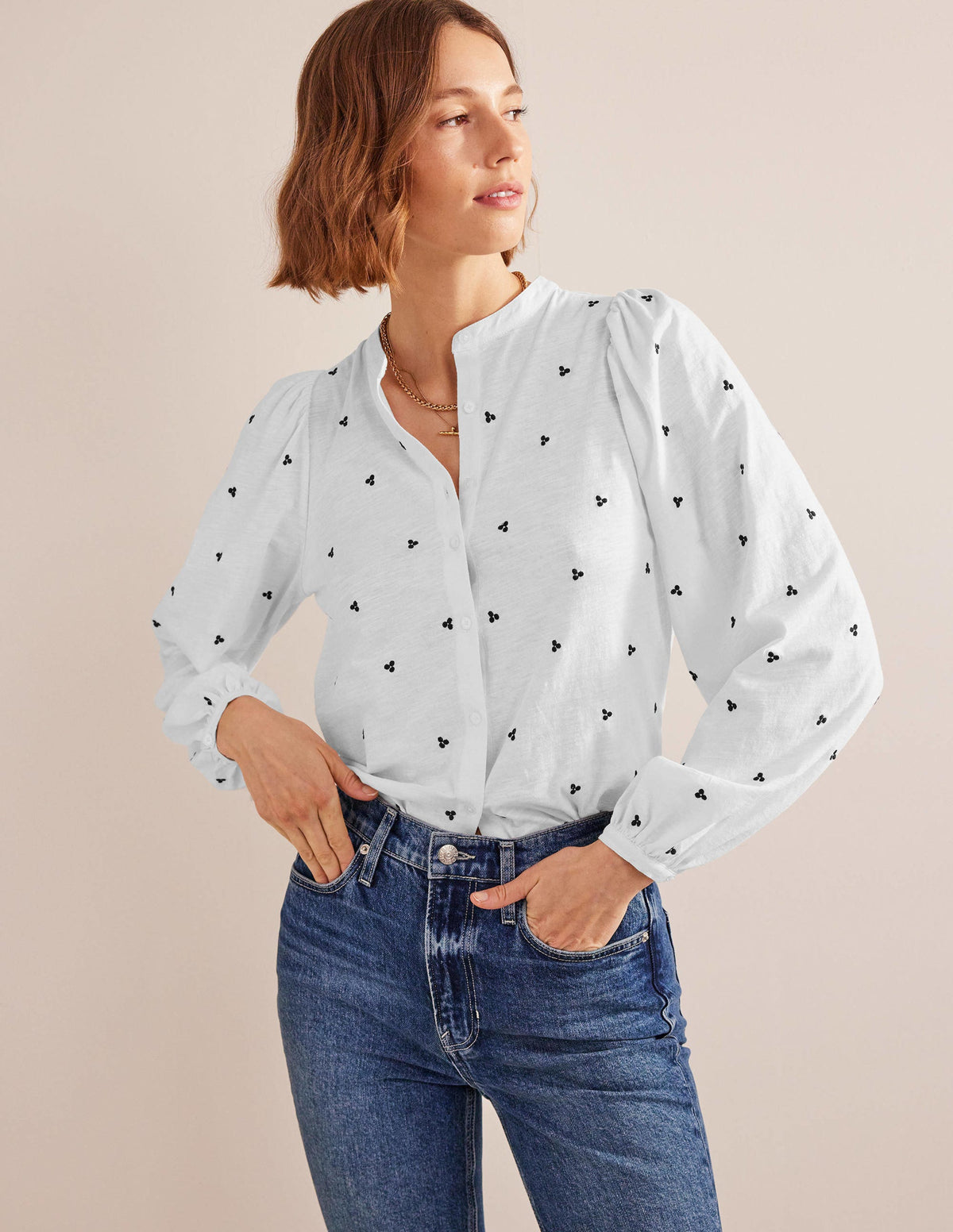 Long Sleeve Embroidered Top-White, Blue Embroidery - Image 4