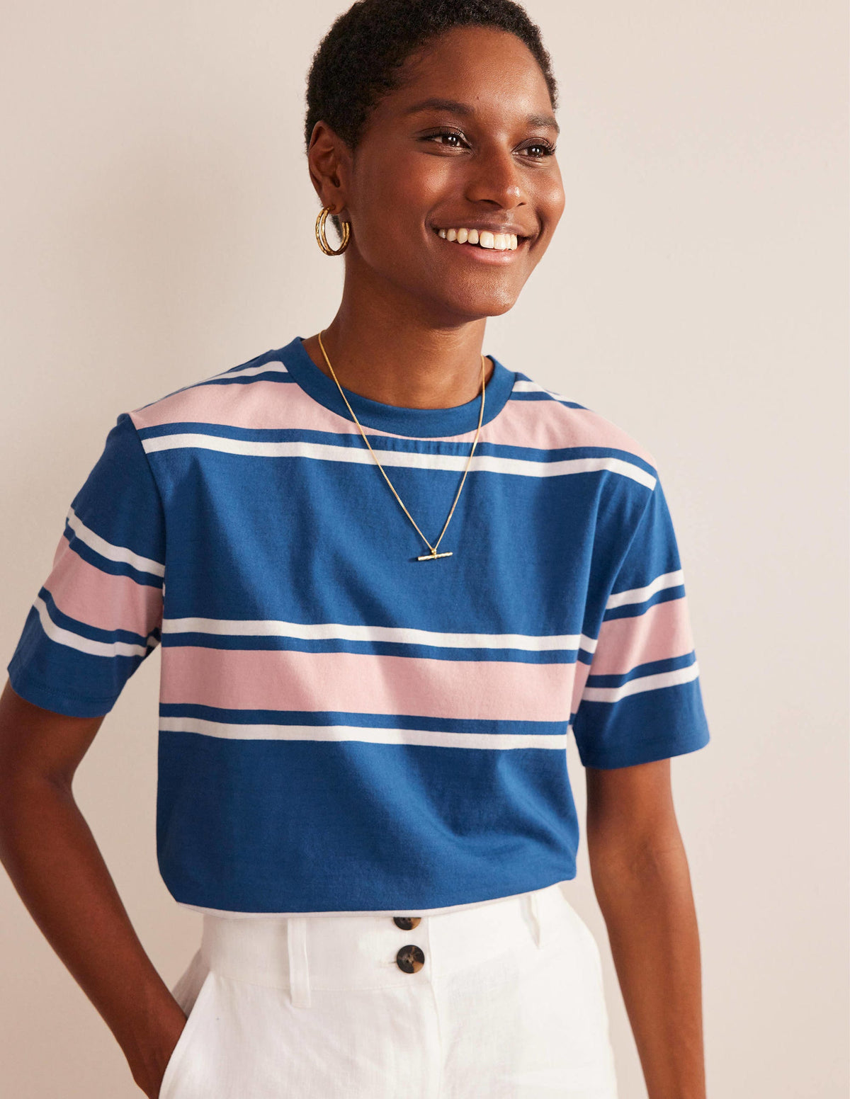 Boxy Stripe T-Shirt-Sapphire/Soft Pink Stripe - Image 1