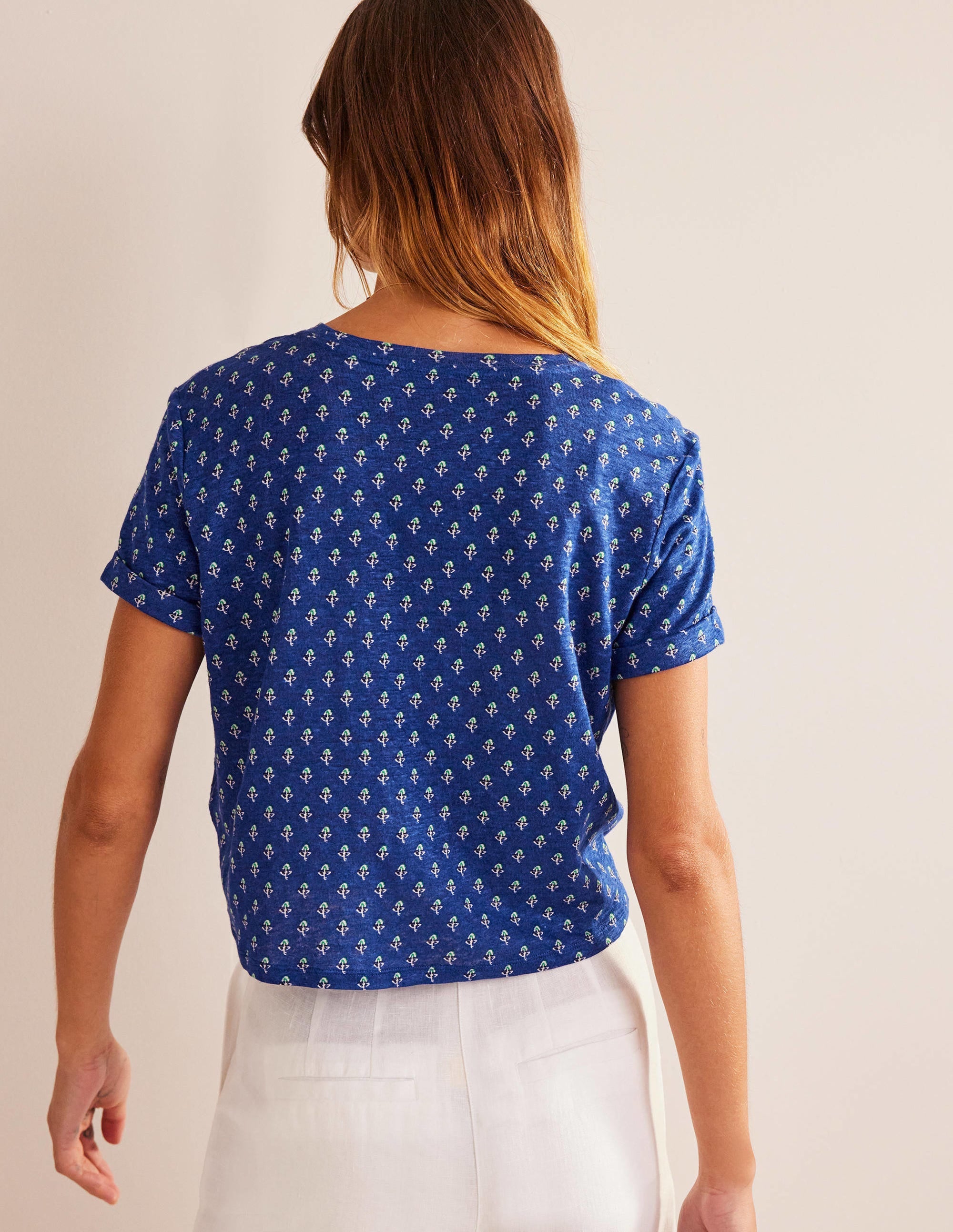 Printed Linen T-shirt-Blue Wave, Tulip Blush - Image 3