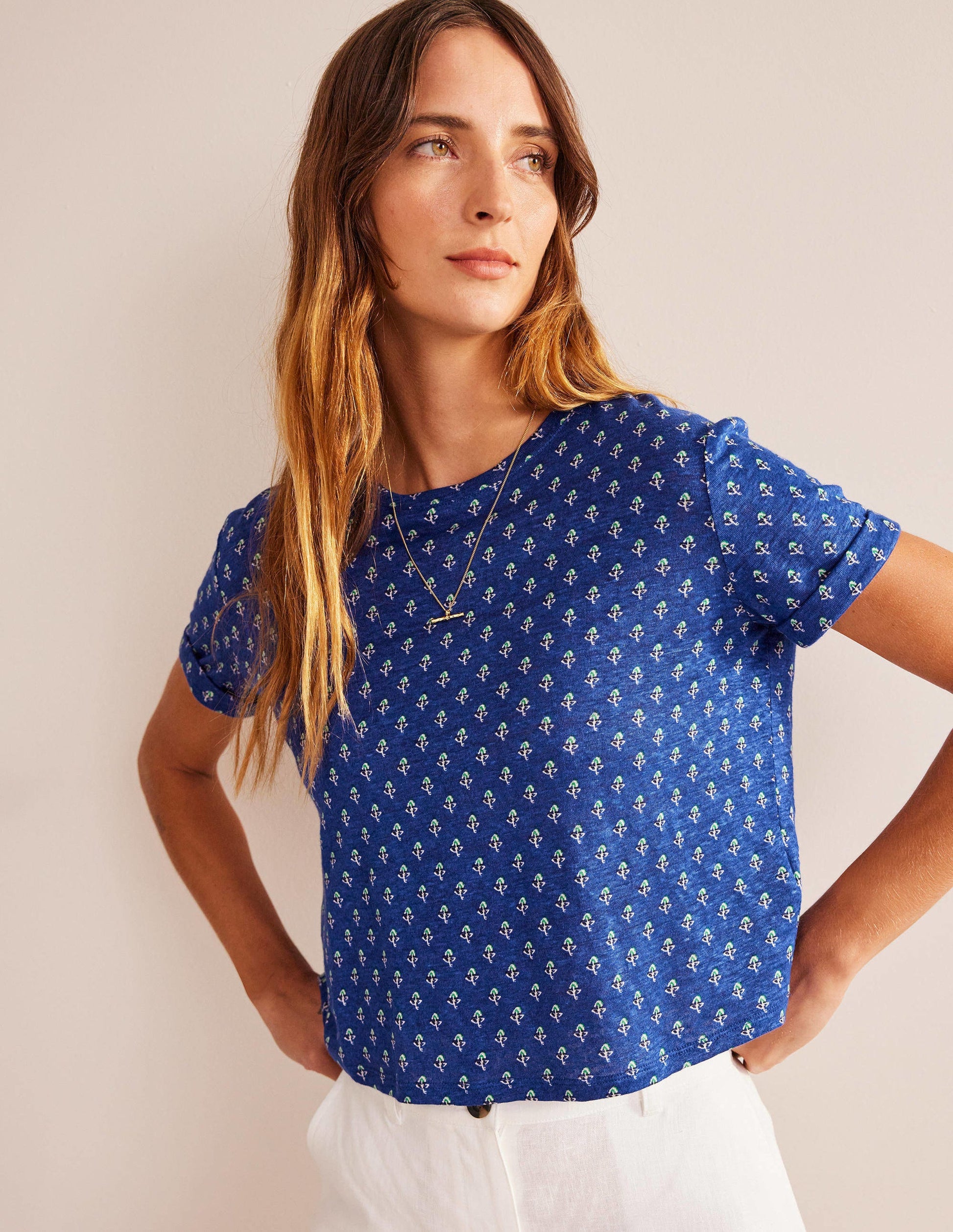 Printed Linen T-shirt-Blue Wave, Tulip Blush-4