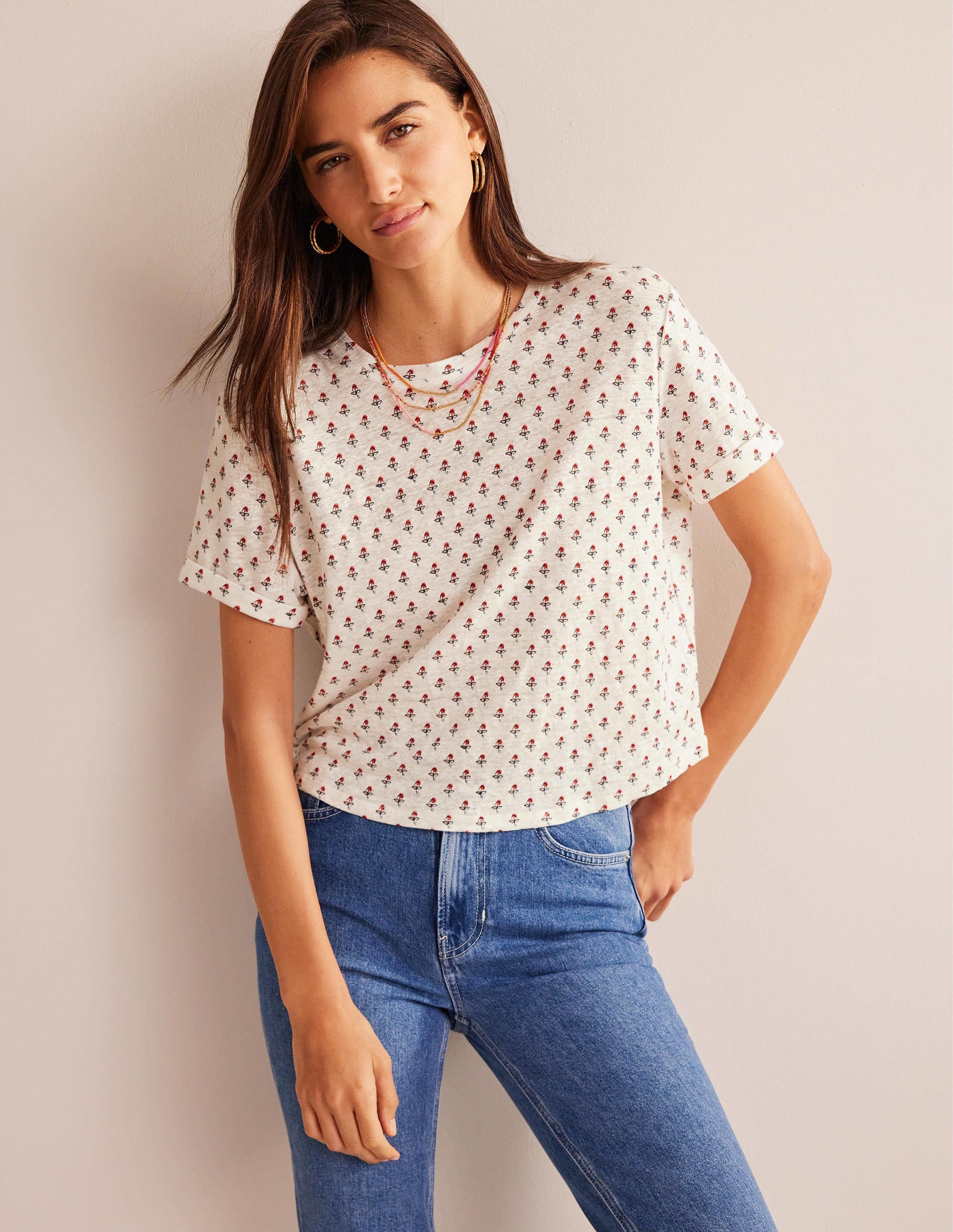 Printed Linen T-shirt-Ivory, Tulip Blush - Image 1