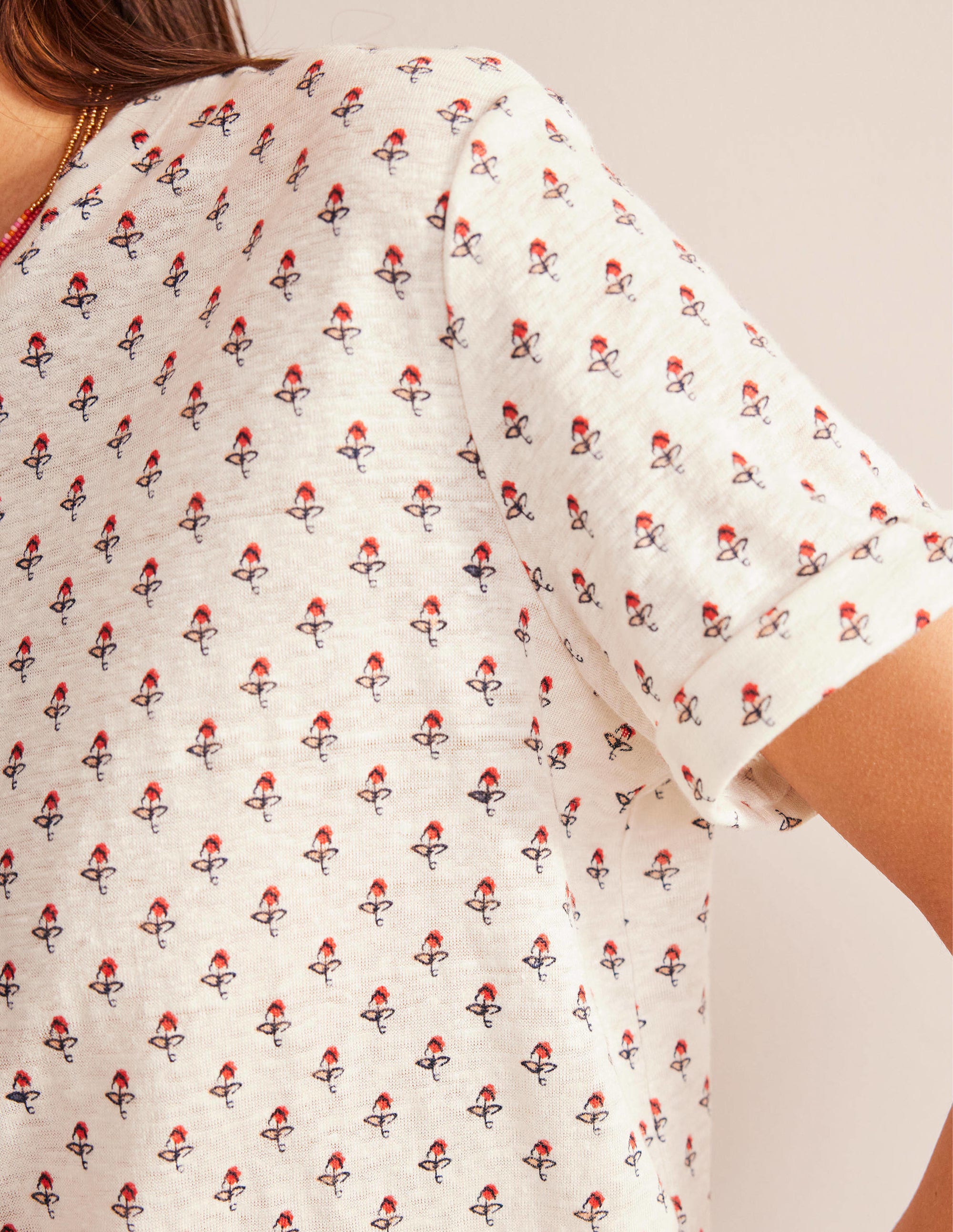 Printed Linen T-shirt-Ivory, Tulip Blush - Image 2