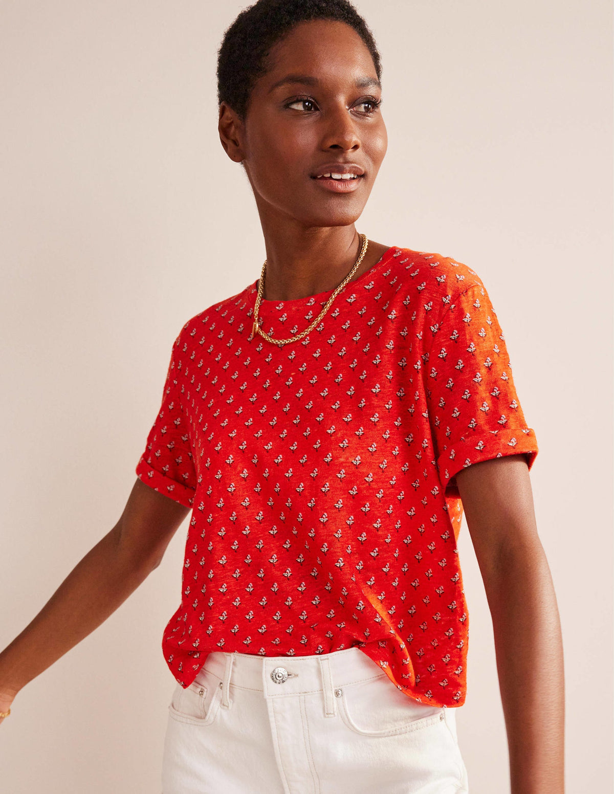 Printed Linen T-shirt-Blood Orange, Tulip Blush - Image 1