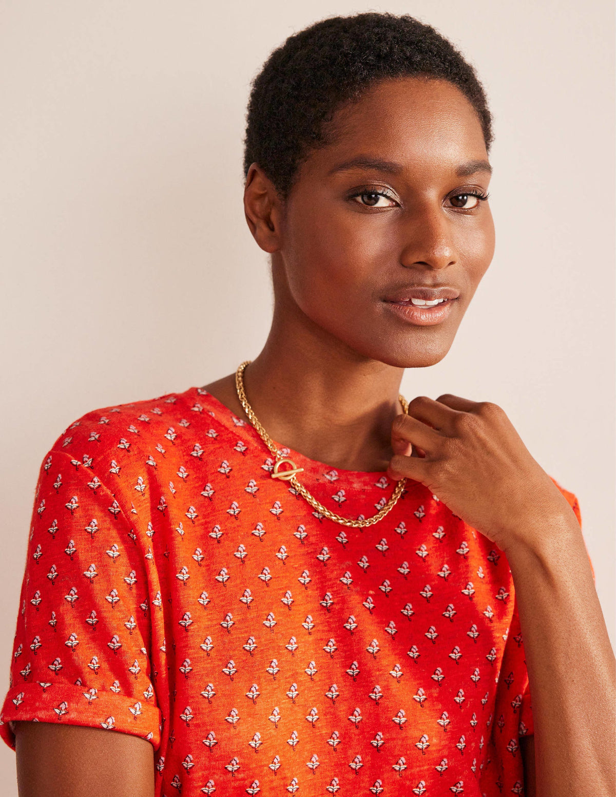 Printed Linen T-shirt-Blood Orange, Tulip Blush-2