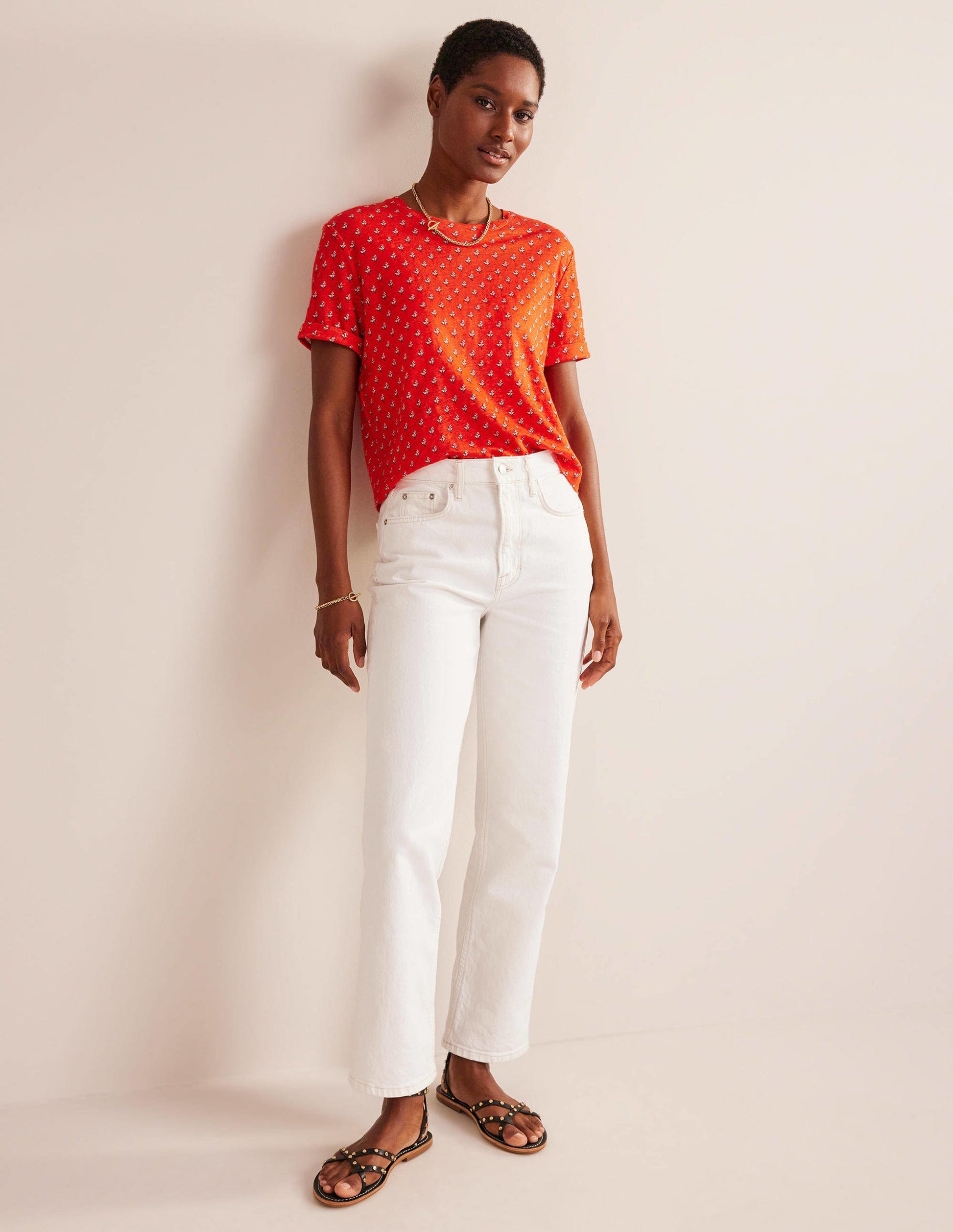 Printed Linen T-shirt-Blood Orange, Tulip Blush-4