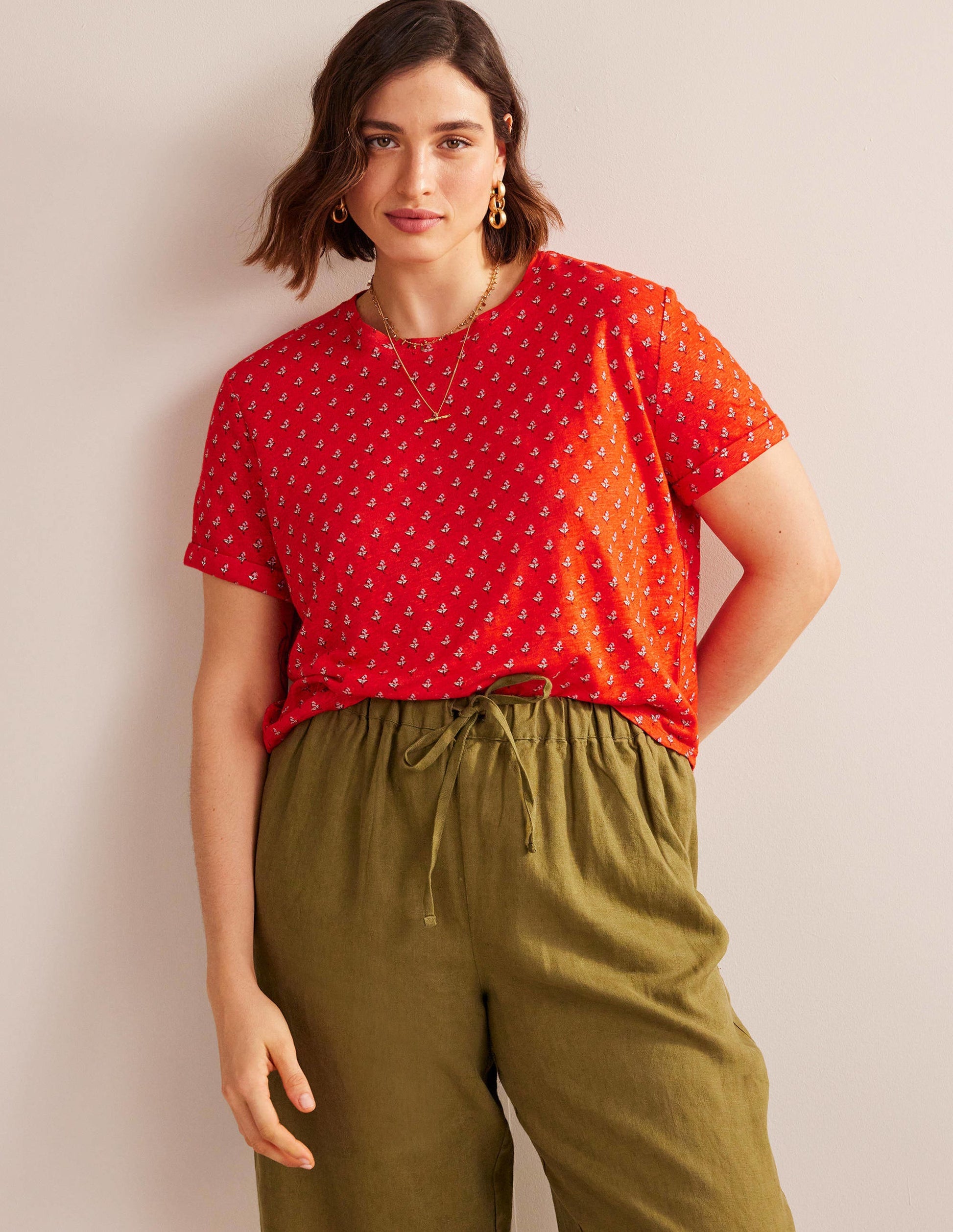 Printed Linen T-shirt-Blood Orange, Tulip Blush-5
