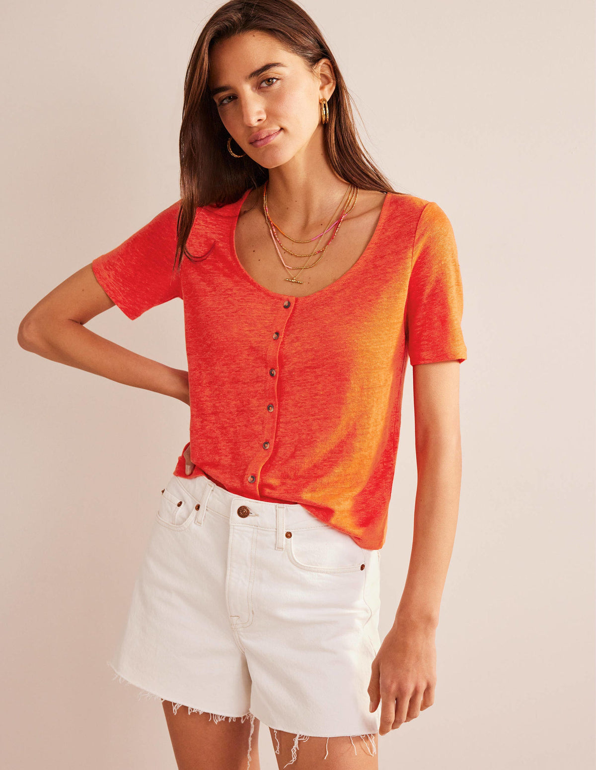 Scoop Neck Linen T-shirt-Blood Orange - Image 1