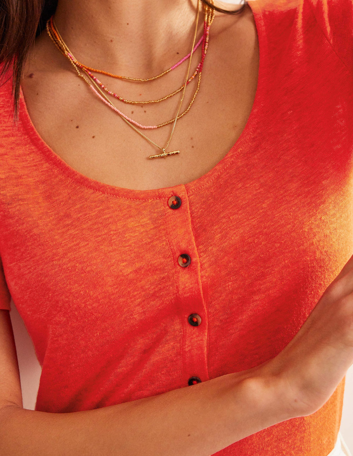 Scoop Neck Linen T-shirt-Blood Orange-2
