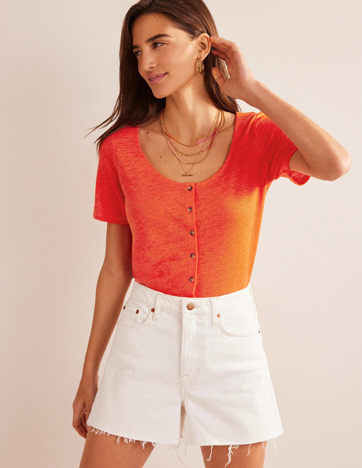 Scoop Neck Linen T-shirt-Blood Orange-4