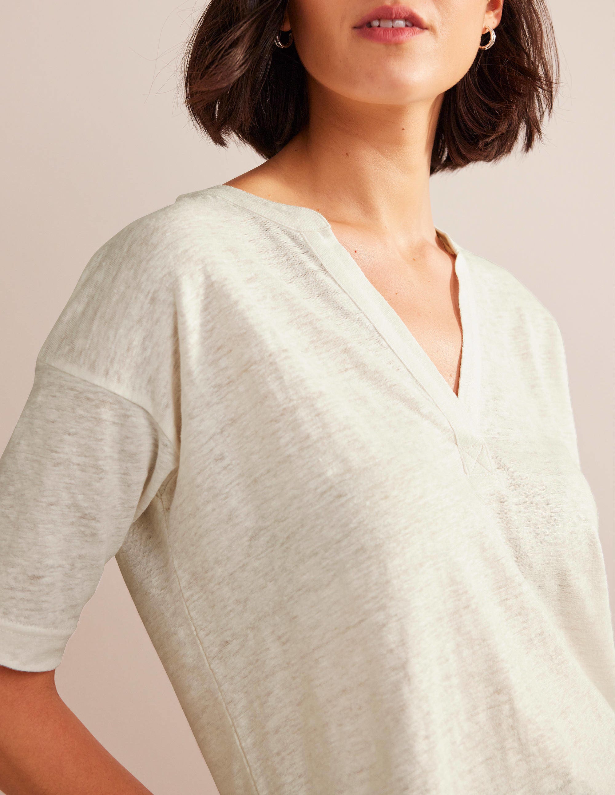 Notch Neck Linen Henley Top-Ivory - Image 2