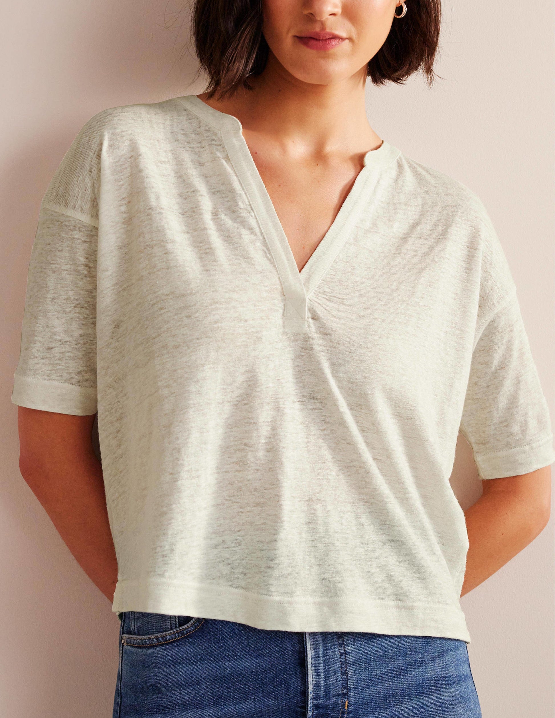 Notch Neck Linen Henley Top-Ivory-4